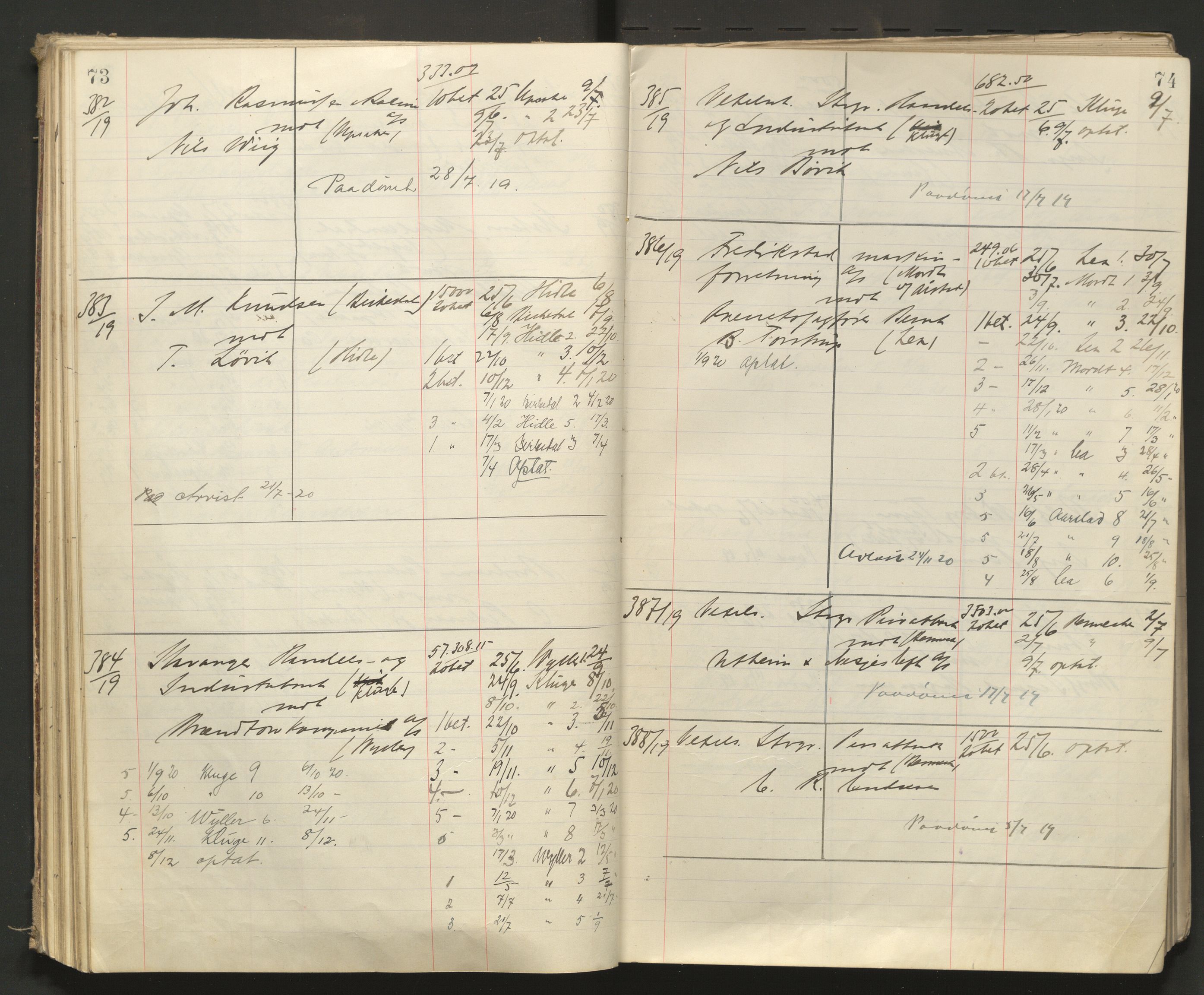 Stavanger byfogd, AV/SAST-A-101408/001/3/32/32A/L0008: Saksliste for Stavanger byting, 1919-1920, p. 73-74