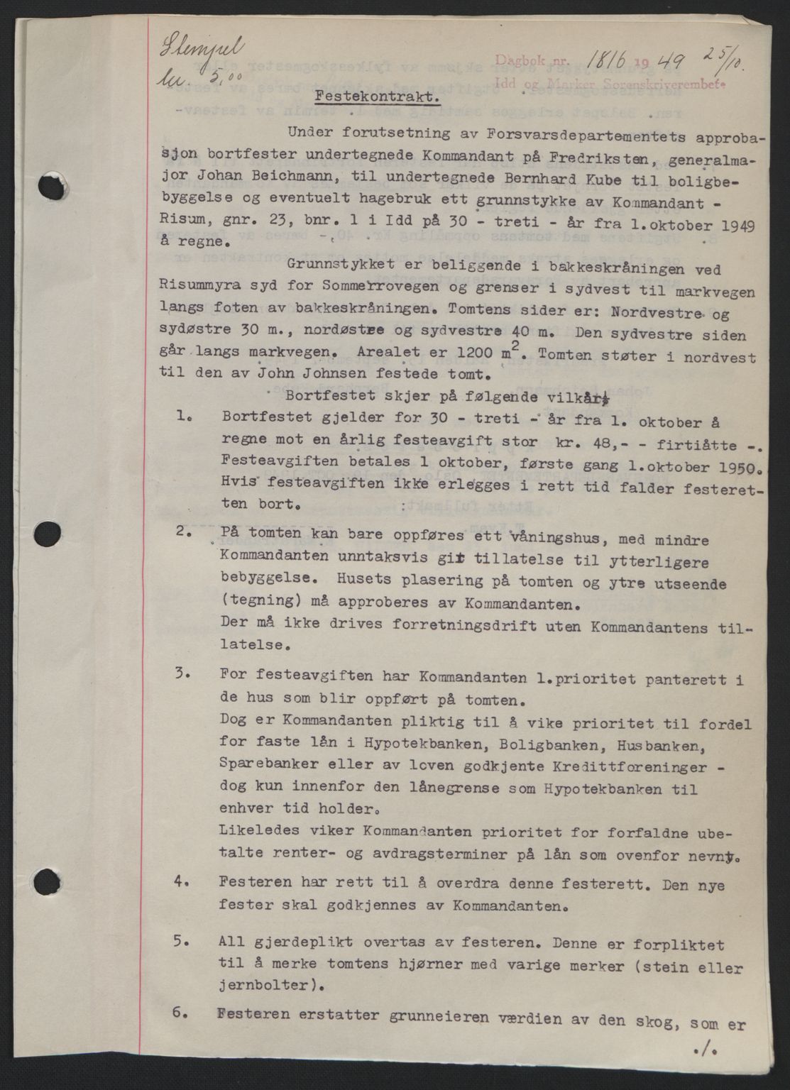 Idd og Marker sorenskriveri, AV/SAO-A-10283/G/Gb/Gbb/L0013: Mortgage book no. A13, 1949-1950, Diary no: : 1816/1949