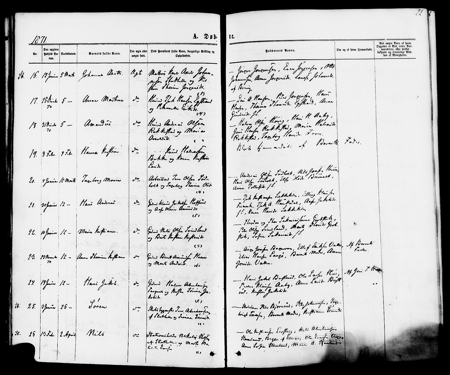 Bamble kirkebøker, SAKO/A-253/F/Fa/L0006: Parish register (official) no. I 6, 1869-1877, p. 22