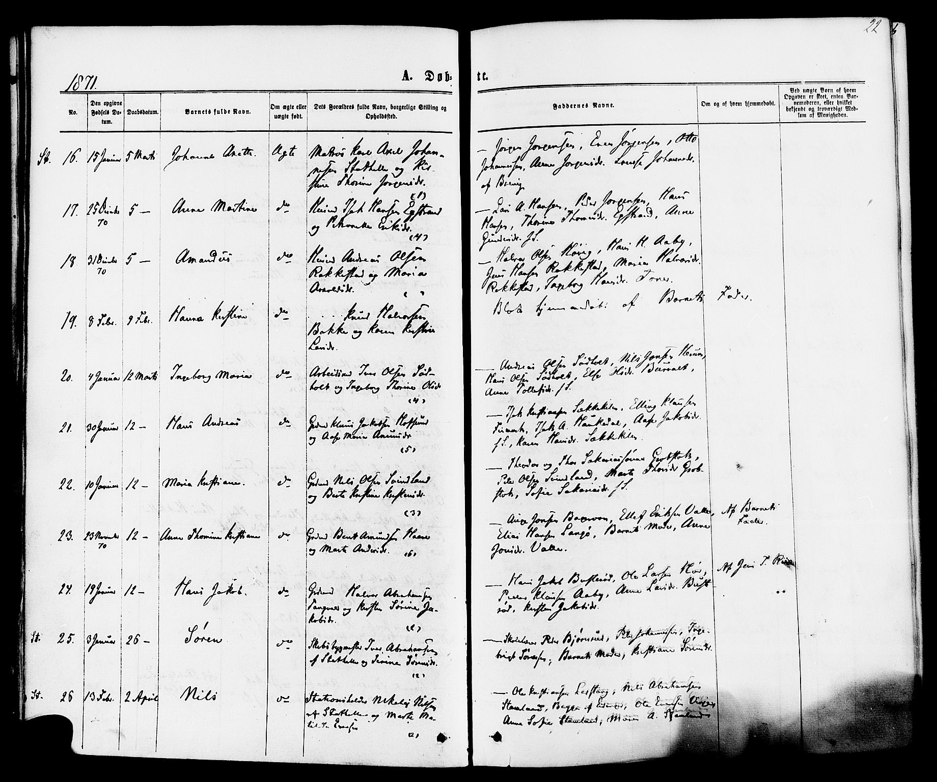 Bamble kirkebøker, AV/SAKO-A-253/F/Fa/L0006: Parish register (official) no. I 6, 1869-1877, p. 22