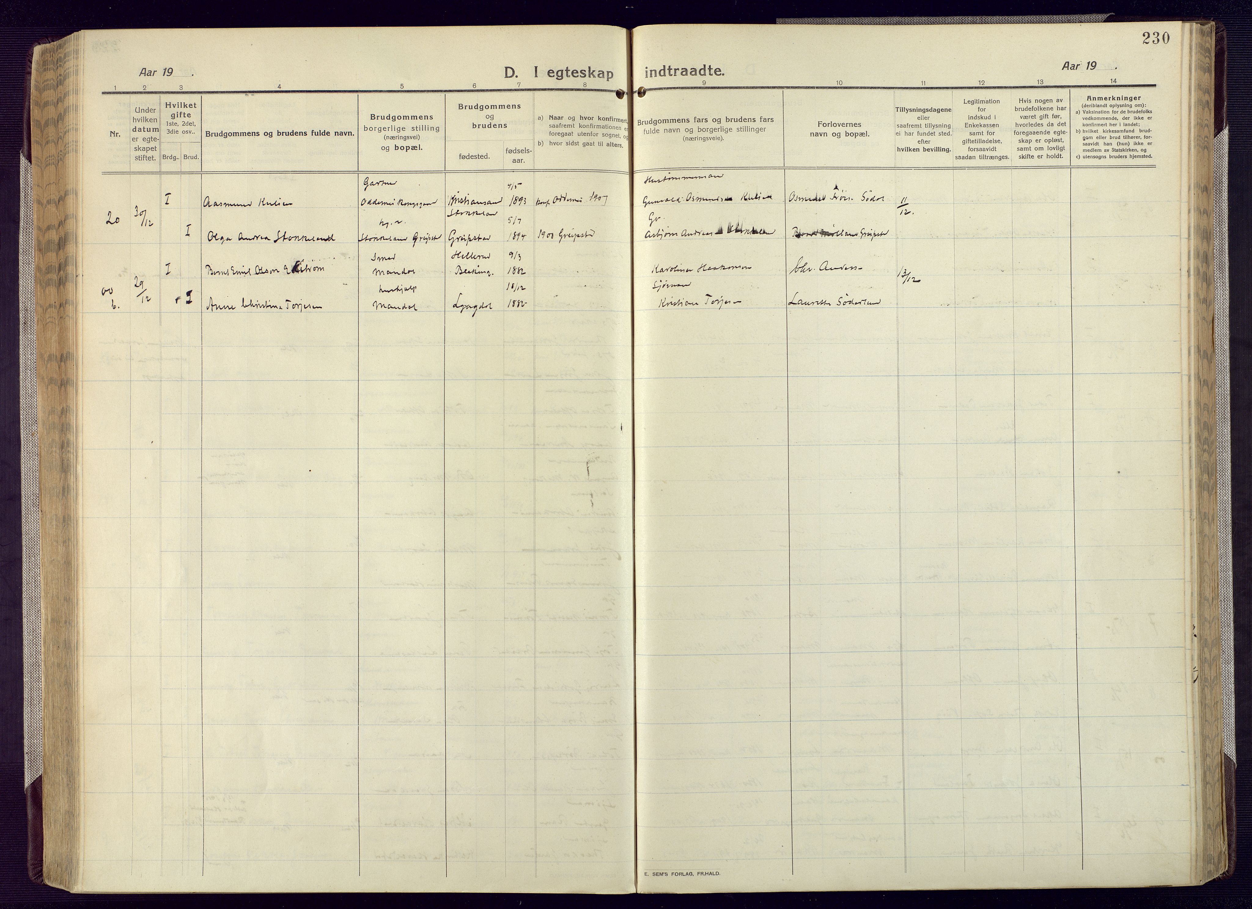 Mandal sokneprestkontor, AV/SAK-1111-0030/F/Fa/Fac/L0001: Parish register (official) no. A 1, 1913-1925, p. 230