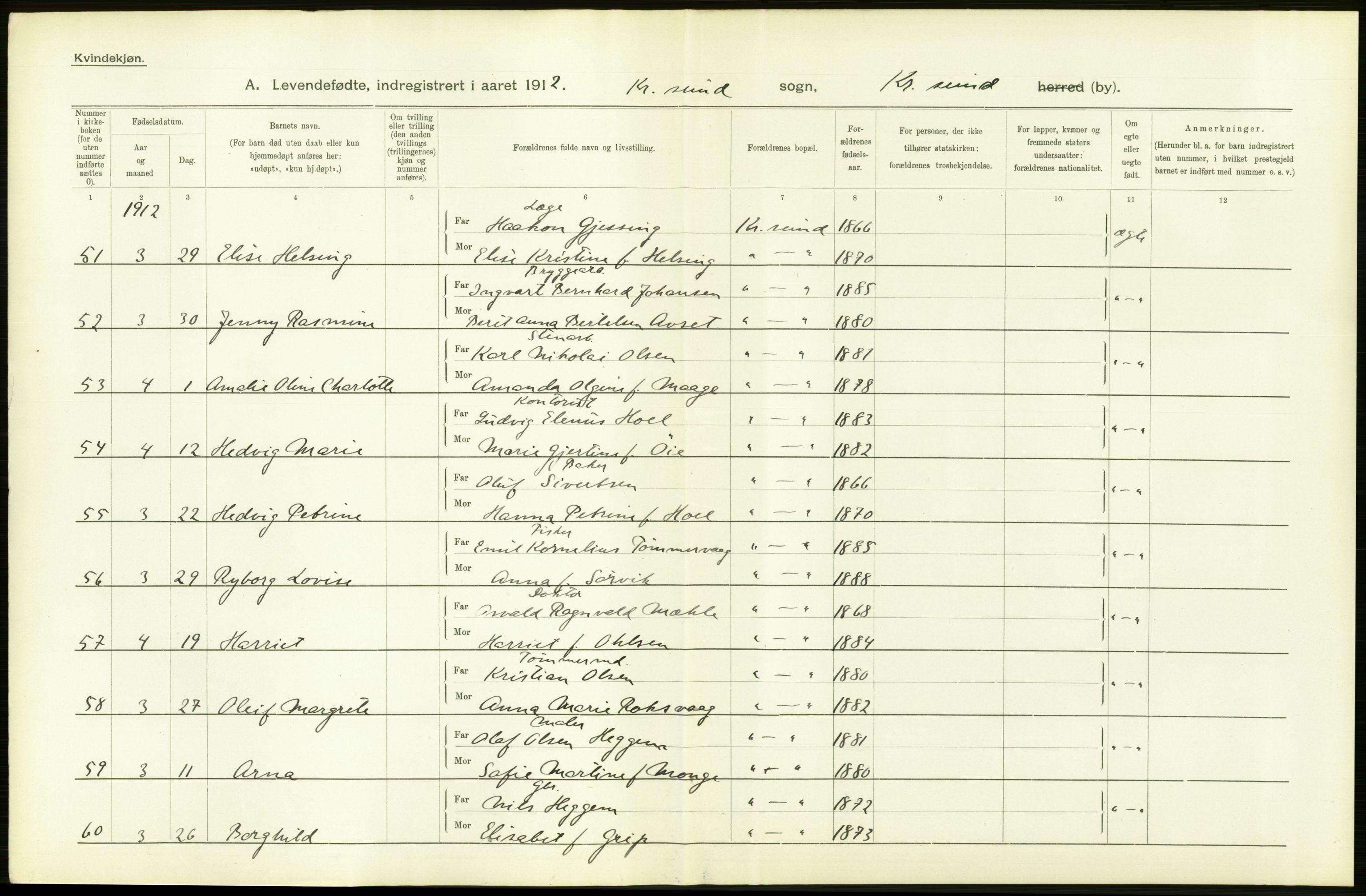 Statistisk sentralbyrå, Sosiodemografiske emner, Befolkning, AV/RA-S-2228/D/Df/Dfb/Dfbb/L0038: Romsdals amt: Levendefødte menn og kvinner. Bygder og byer samt gifte. Bygder og byer., 1912, p. 56