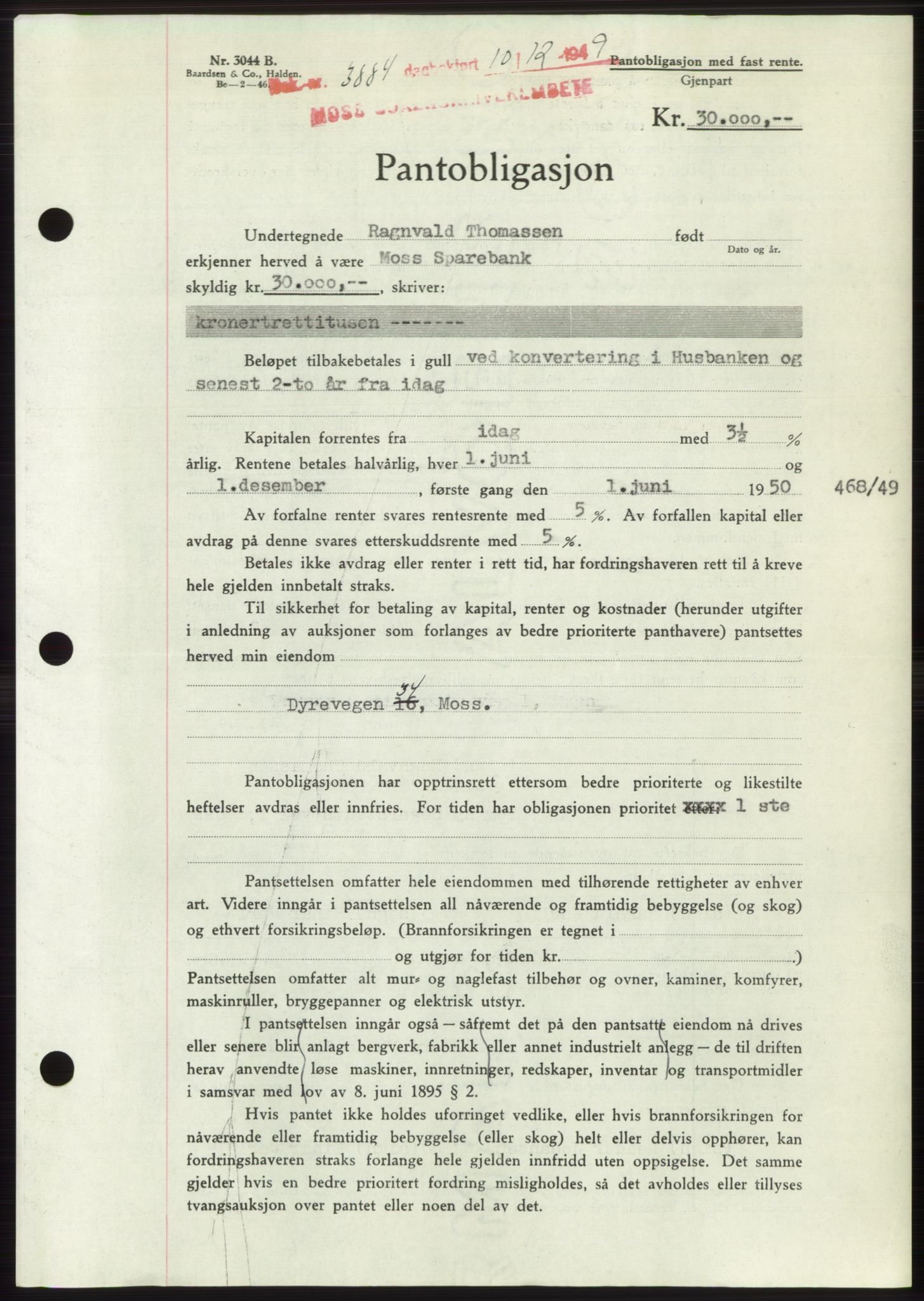 Moss sorenskriveri, SAO/A-10168: Mortgage book no. B23, 1949-1950, Diary no: : 3884/1949