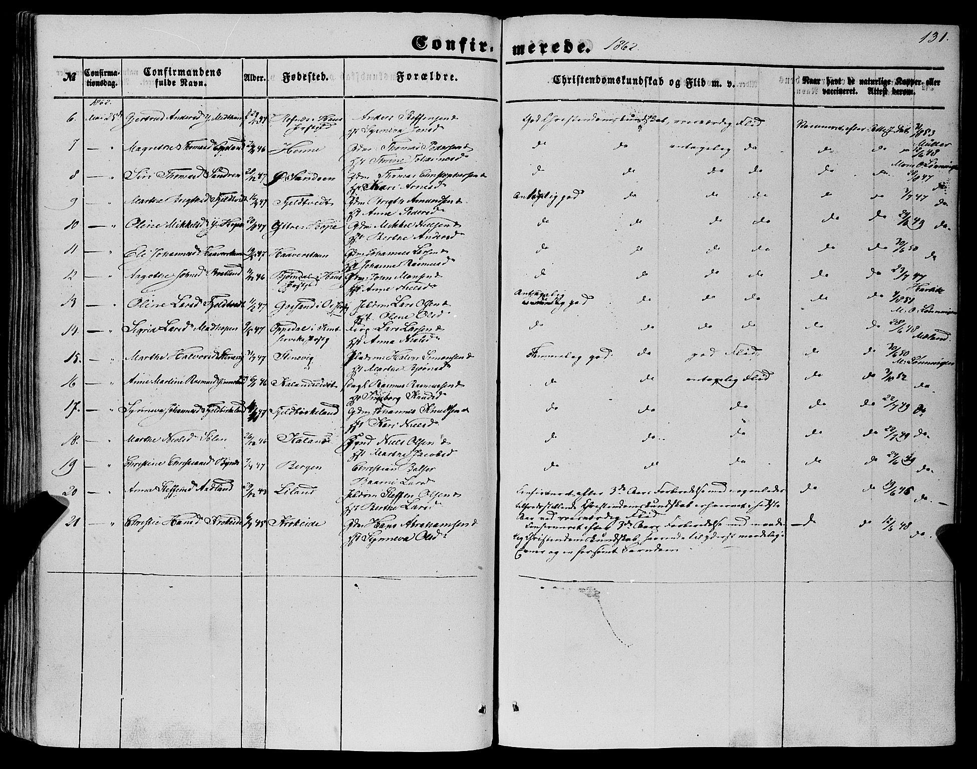 Fana Sokneprestembete, SAB/A-75101/H/Haa/Haaa/L0011: Parish register (official) no. A 11, 1851-1862, p. 131
