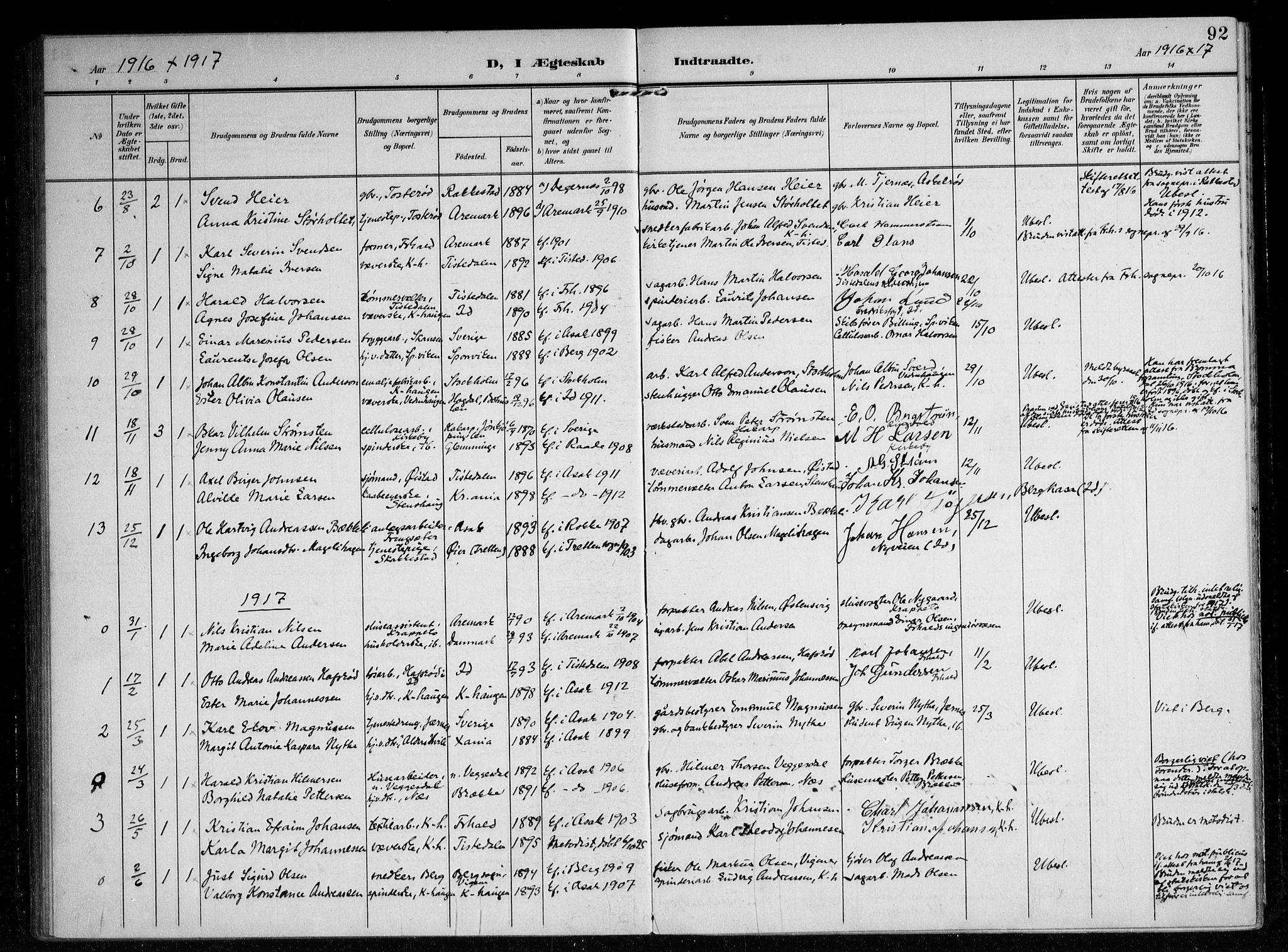 Berg prestekontor Kirkebøker, AV/SAO-A-10902/F/Fb/L0003: Parish register (official) no. II 3, 1903-1919, p. 92