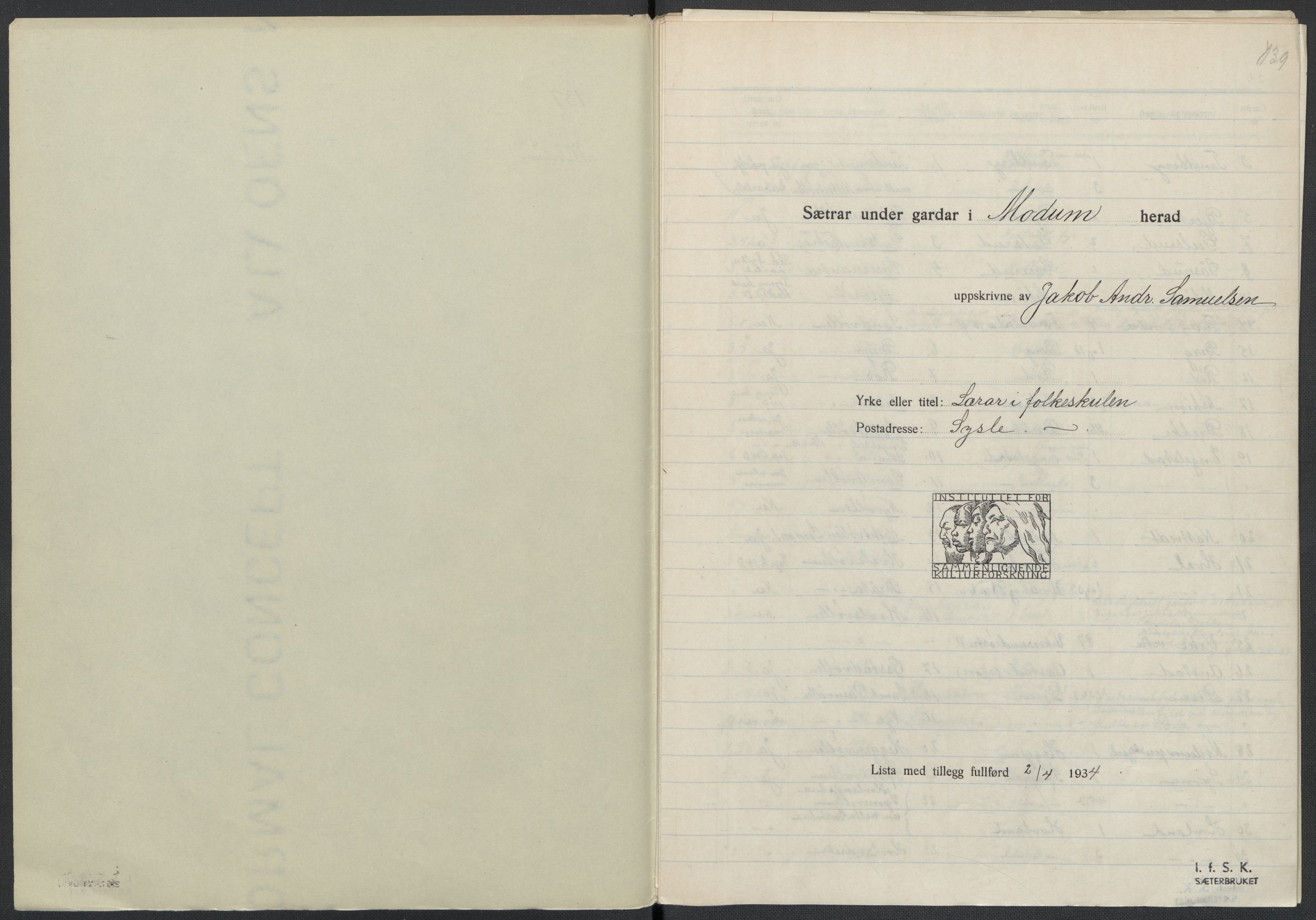 Instituttet for sammenlignende kulturforskning, AV/RA-PA-0424/F/Fc/L0006/0001: Eske B6: / Buskerud (perm XIII), 1934-1936, p. 139