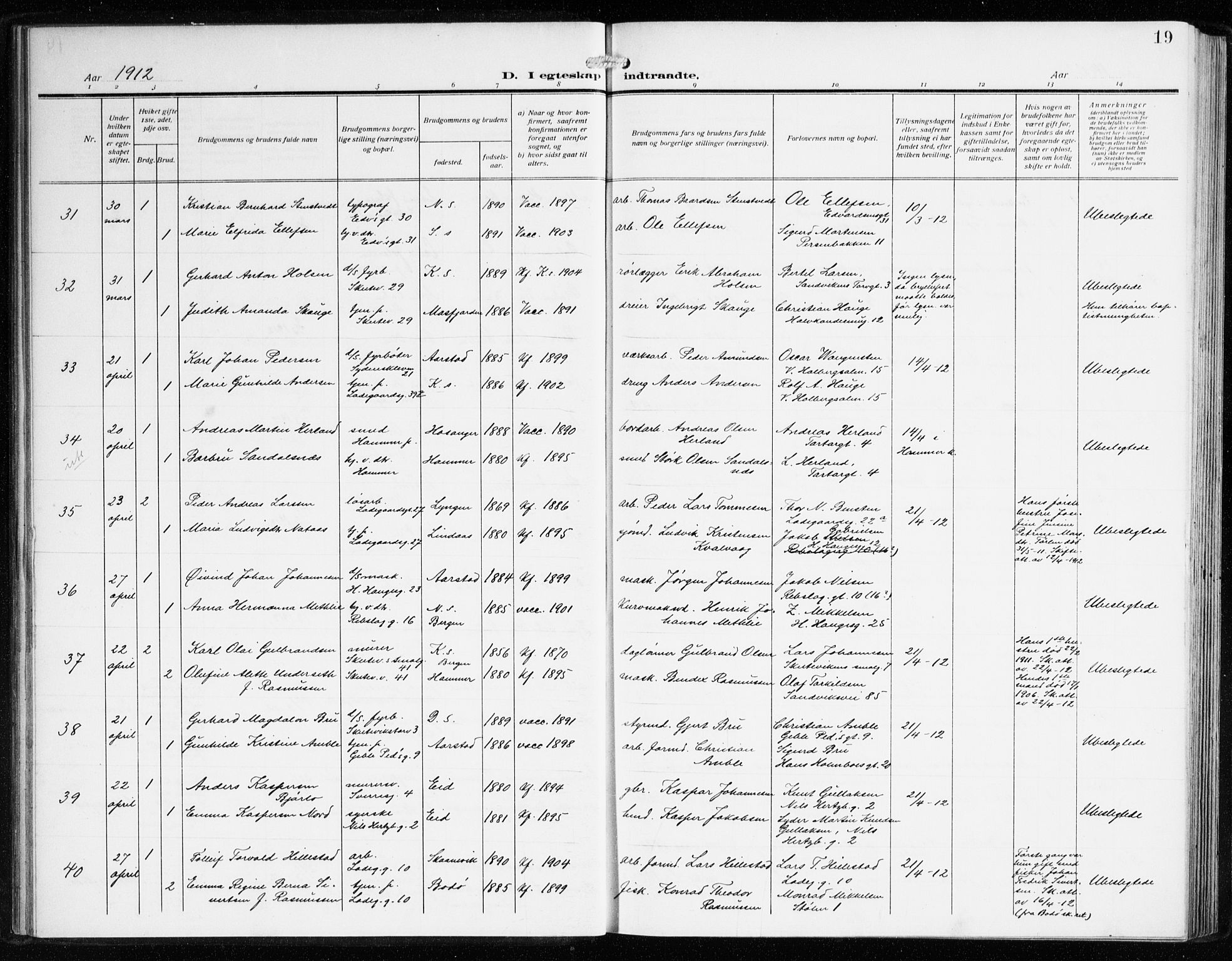 Sandviken Sokneprestembete, AV/SAB-A-77601/H/Ha/L0015: Parish register (official) no. D 2, 1911-1923, p. 19