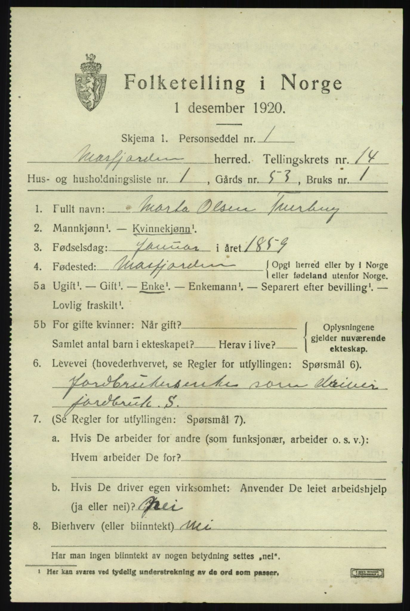 SAB, 1920 census for Masfjorden, 1920, p. 5101