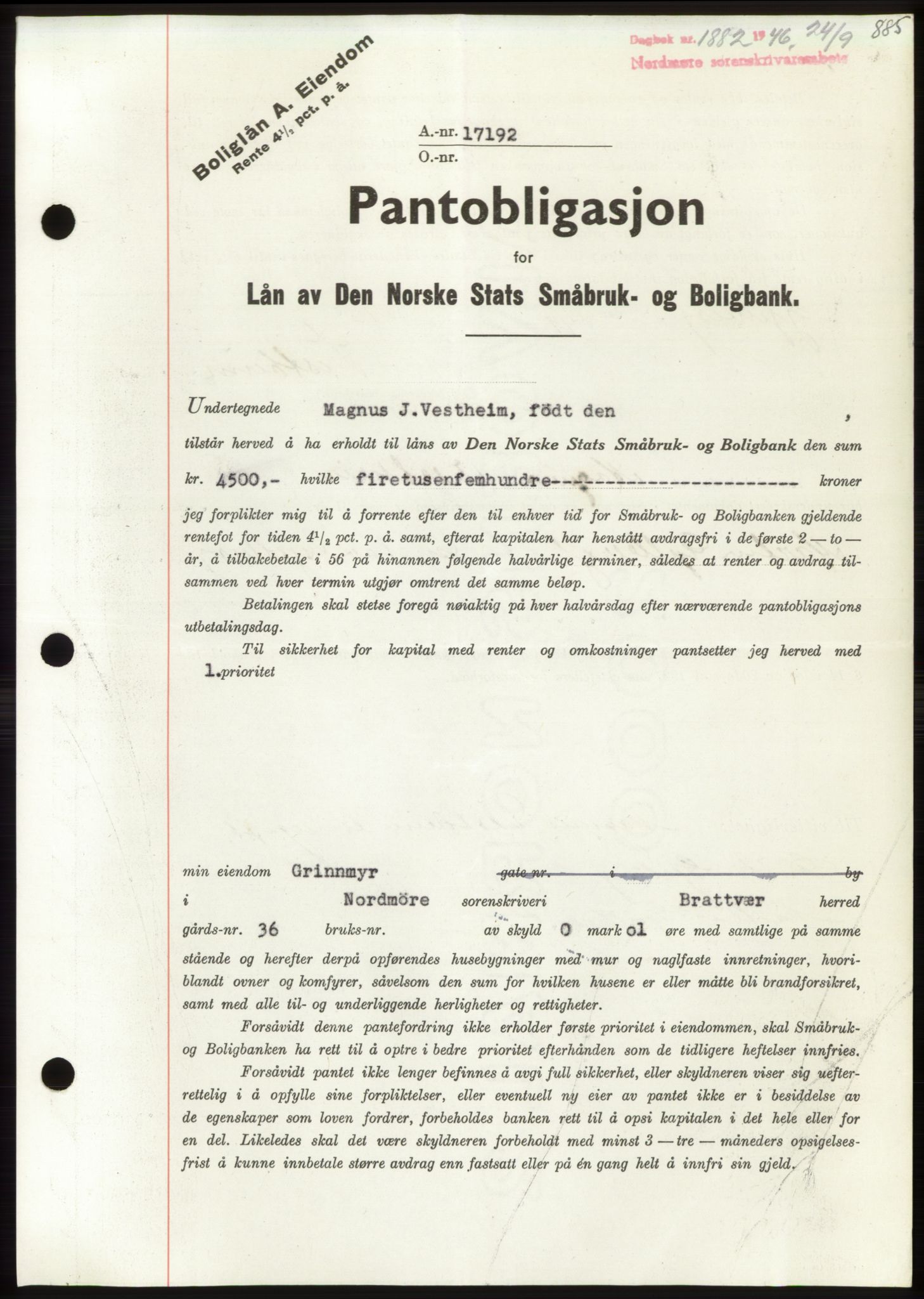 Nordmøre sorenskriveri, AV/SAT-A-4132/1/2/2Ca: Mortgage book no. B94, 1946-1946, Diary no: : 1882/1946