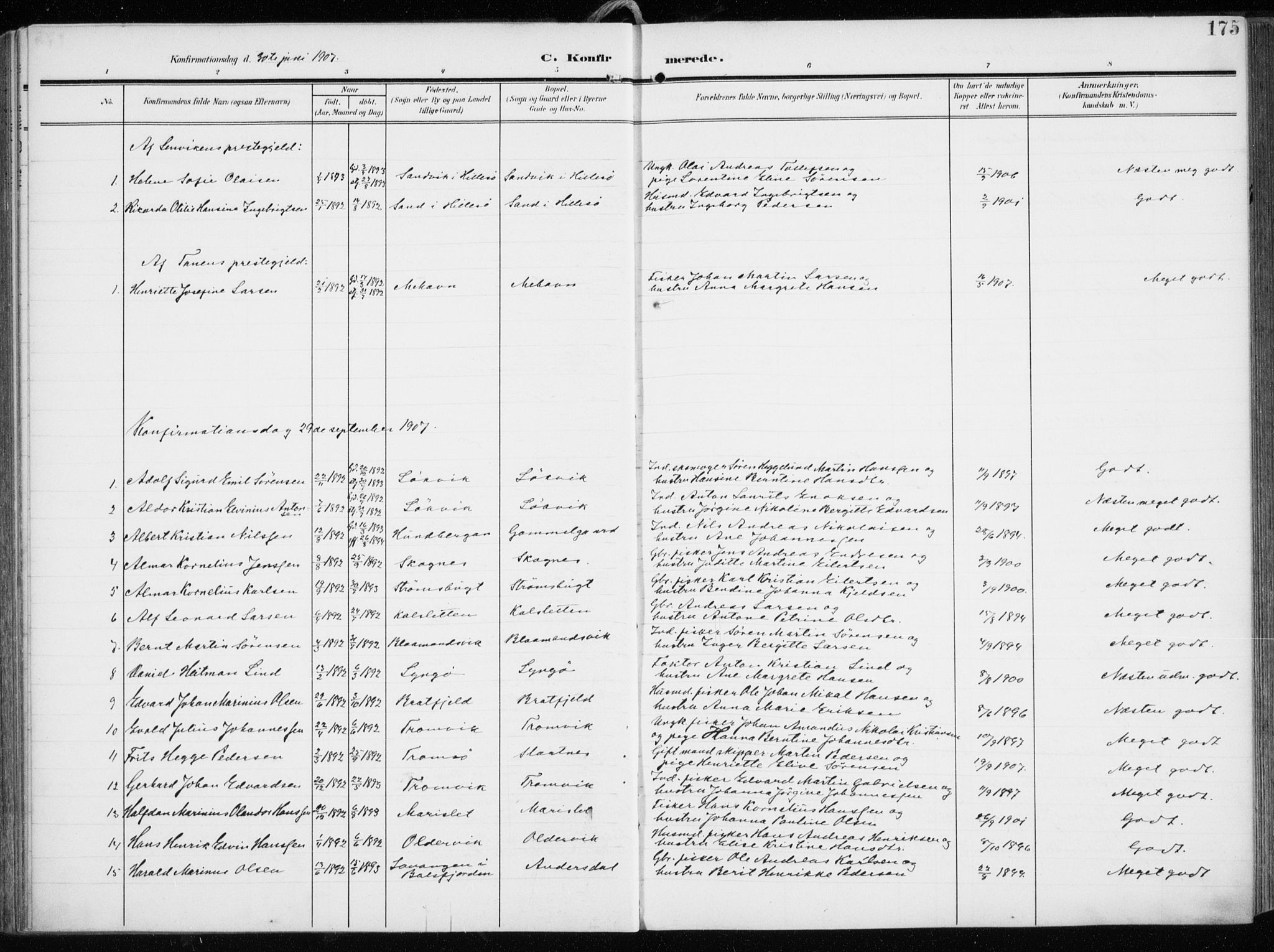 Tromsøysund sokneprestkontor, AV/SATØ-S-1304/G/Ga/L0007kirke: Parish register (official) no. 7, 1907-1914, p. 175