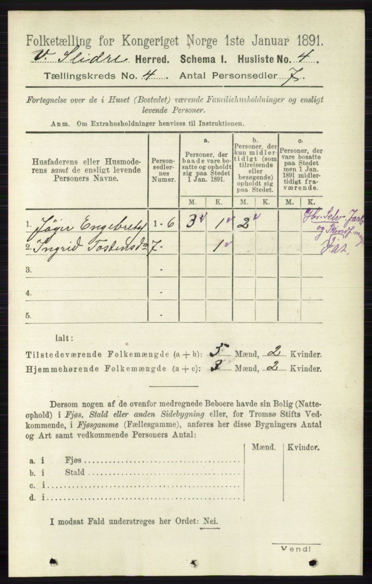 RA, 1891 census for 0543 Vestre Slidre, 1891, p. 1181