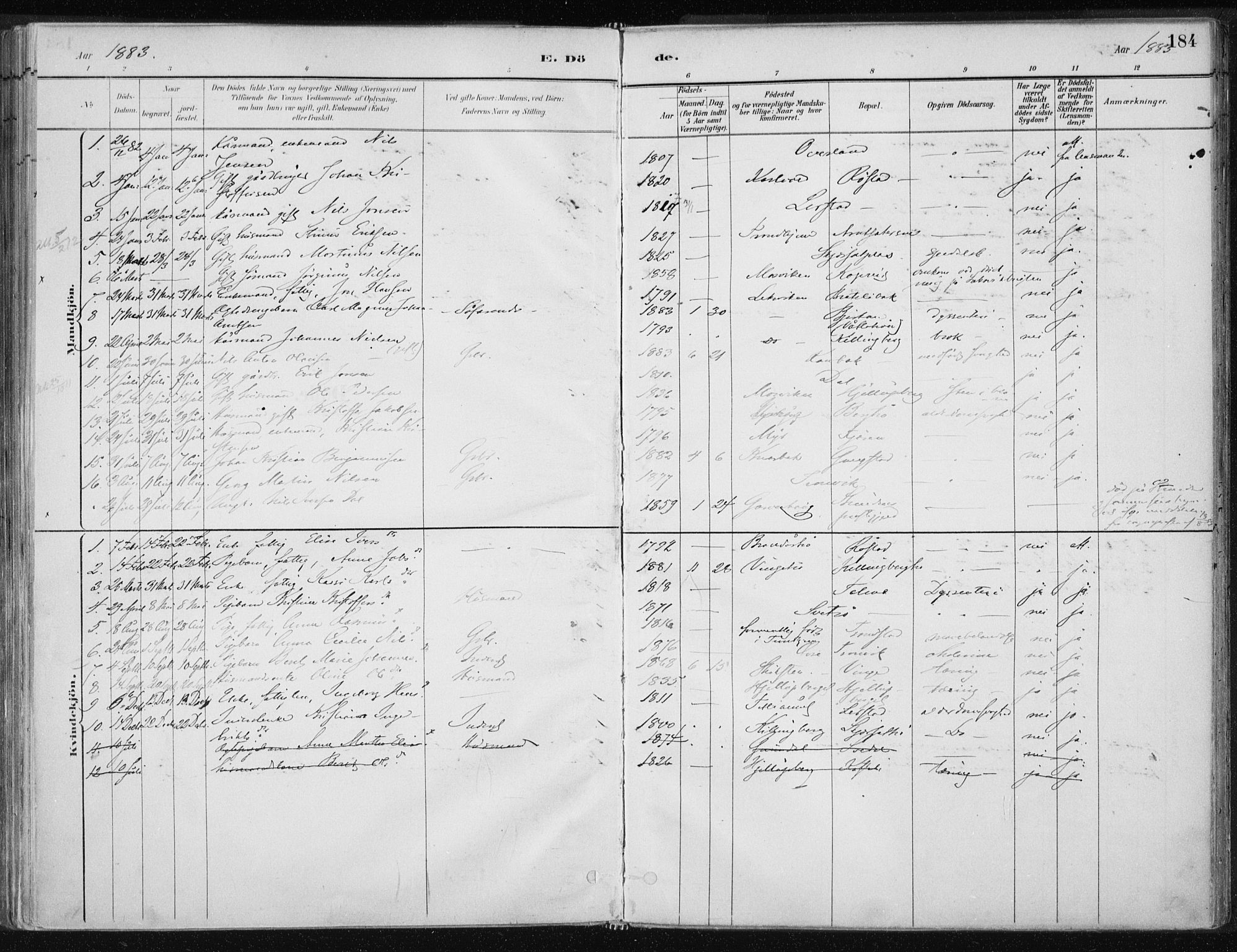 Ministerialprotokoller, klokkerbøker og fødselsregistre - Nord-Trøndelag, SAT/A-1458/701/L0010: Parish register (official) no. 701A10, 1883-1899, p. 184