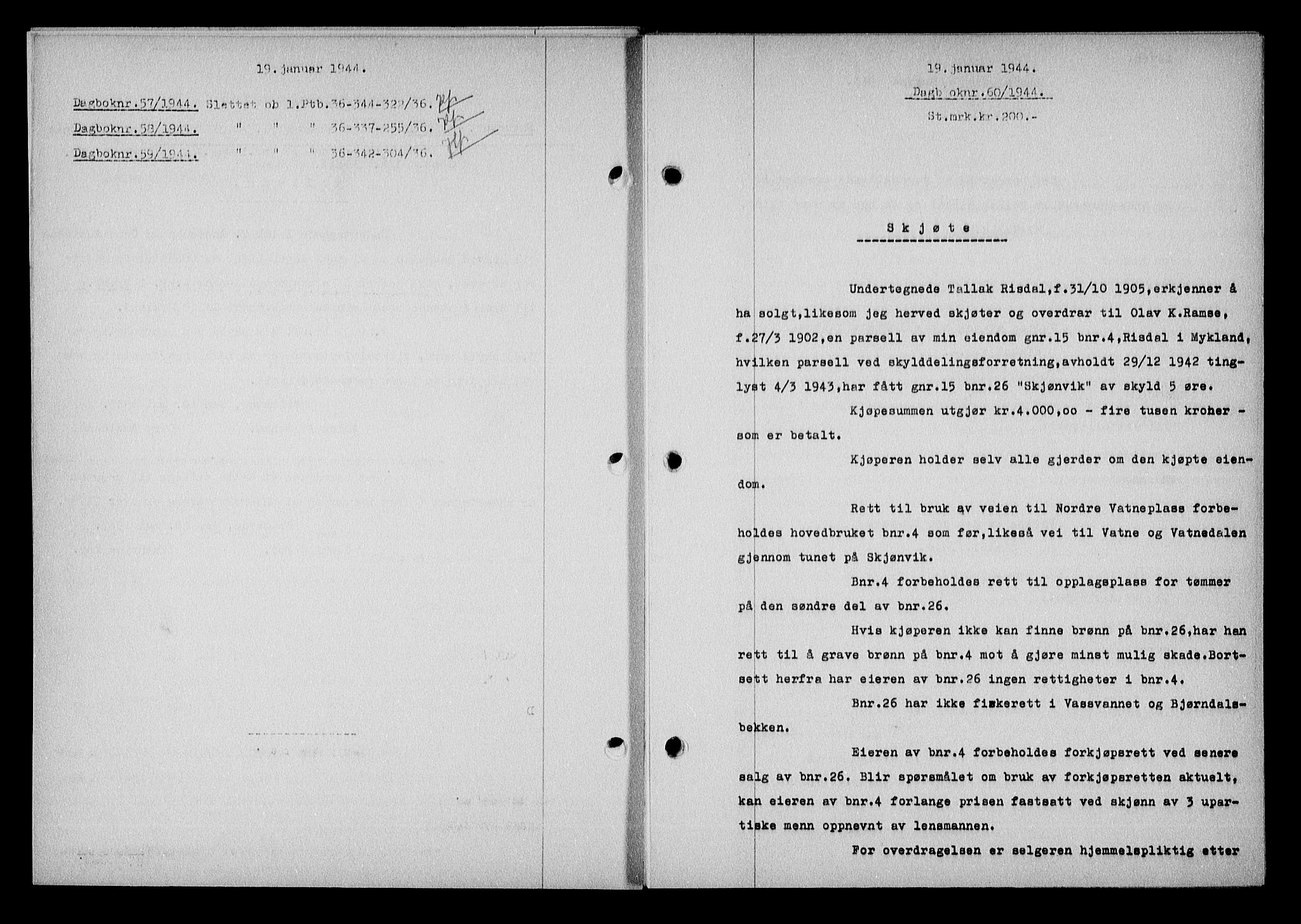 Nedenes sorenskriveri, SAK/1221-0006/G/Gb/Gba/L0051: Mortgage book no. A-V, 1943-1944, Diary no: : 60/1944