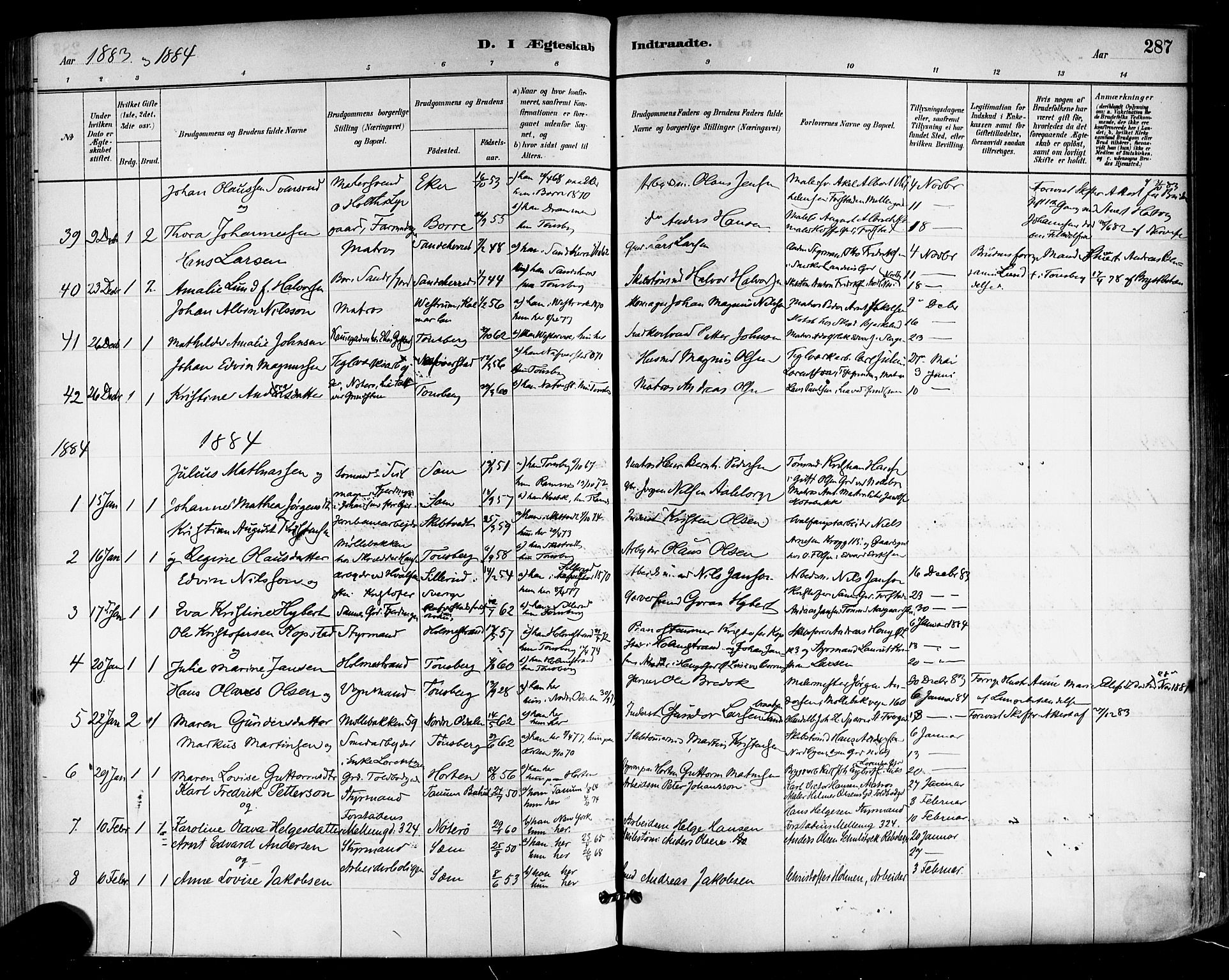 Tønsberg kirkebøker, SAKO/A-330/F/Fa/L0011: Parish register (official) no. I 11, 1881-1890, p. 287