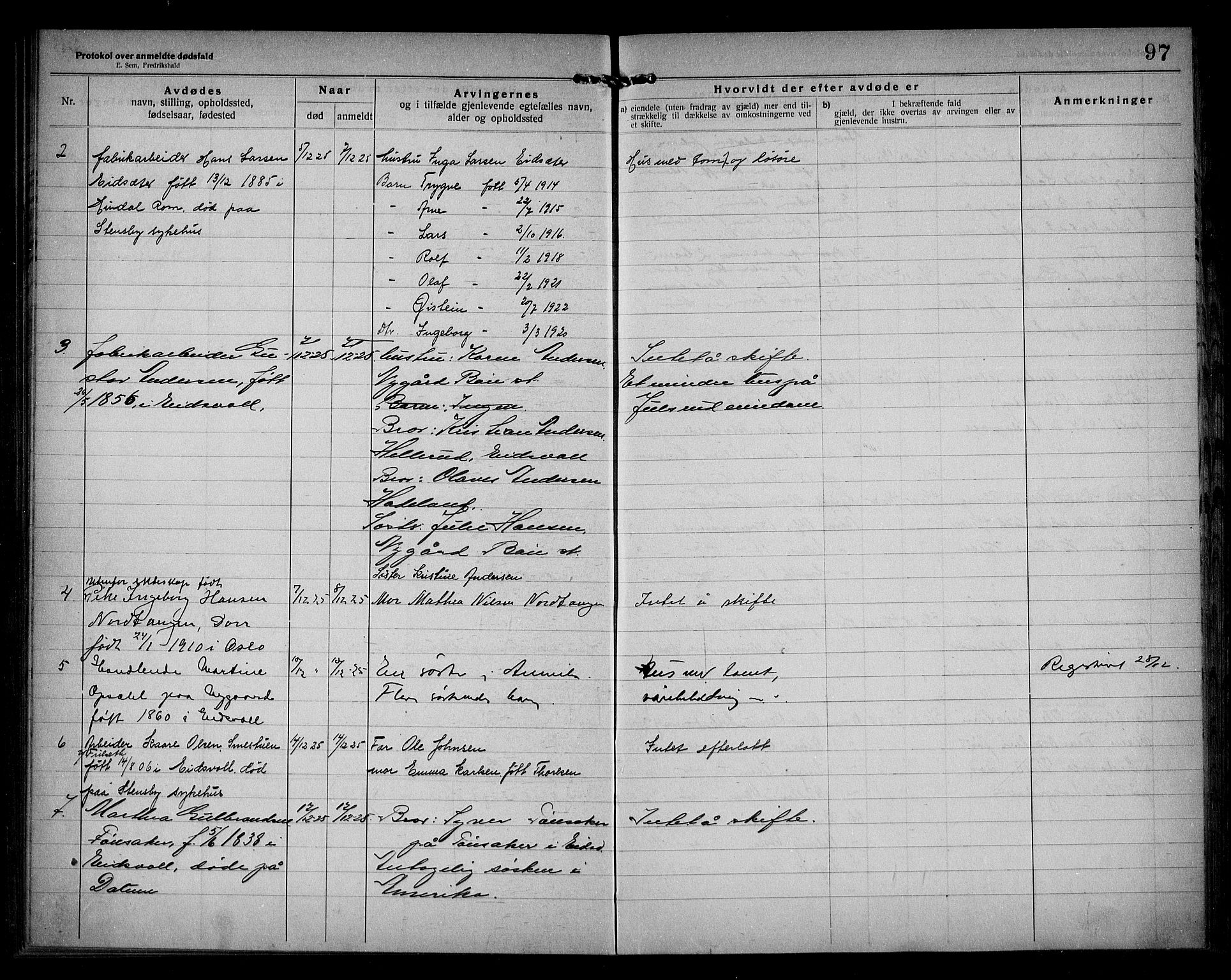 Eidsvoll lensmannskontor, AV/SAO-A-10266a/H/Ha/Haa/L0005: Dødsfallprotokoll, 1921-1930, p. 97