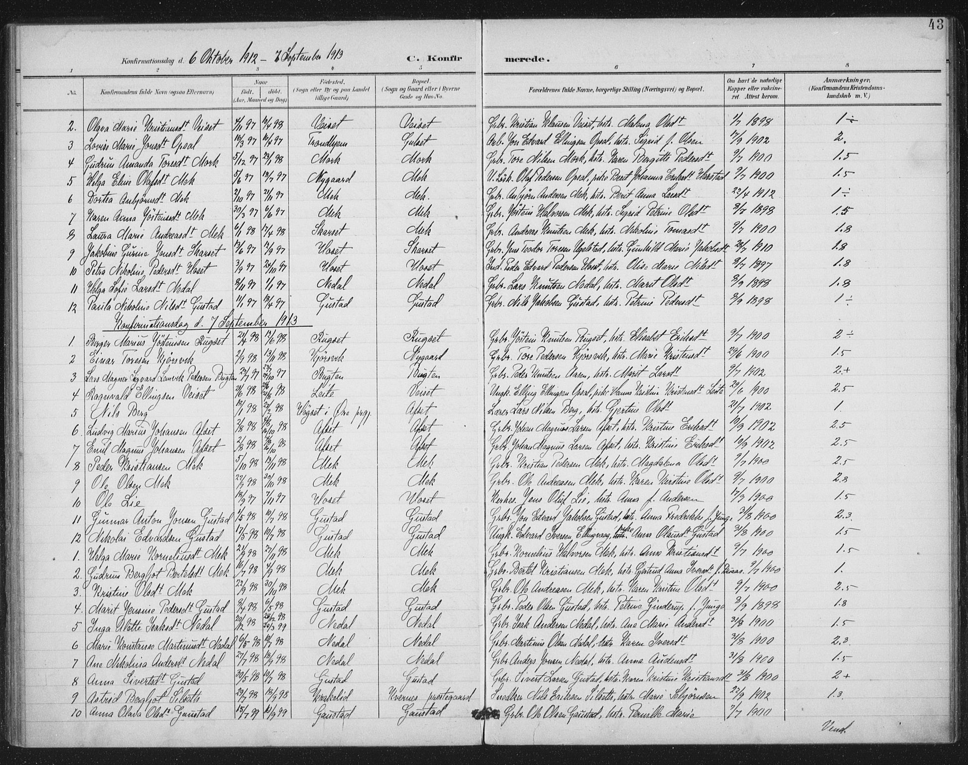 Ministerialprotokoller, klokkerbøker og fødselsregistre - Møre og Romsdal, SAT/A-1454/568/L0810: Parish register (official) no. 568A14, 1901-1915, p. 43