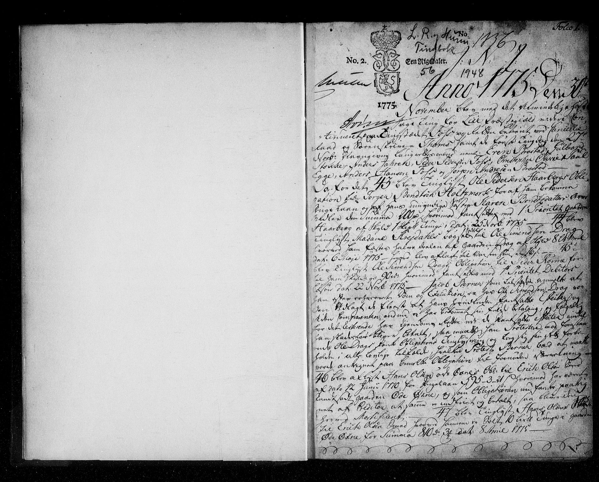 Lier, Røyken og Hurum sorenskriveri, SAKO/A-89/F/Fa/L0056: Tingbok, 1775-1779, p. 1