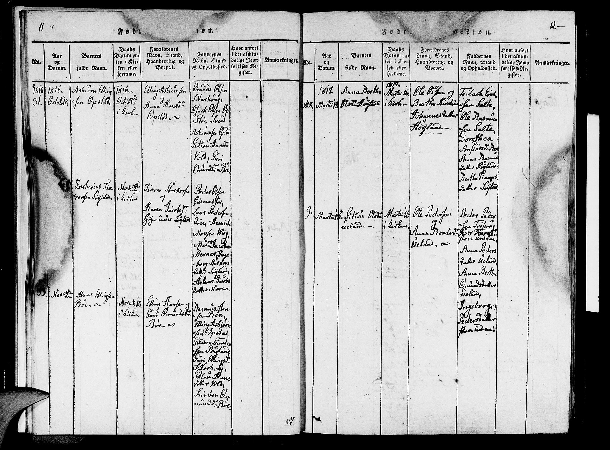 Hå sokneprestkontor, AV/SAST-A-101801/001/30BA/L0003: Parish register (official) no. A 3, 1815-1825, p. 11-12