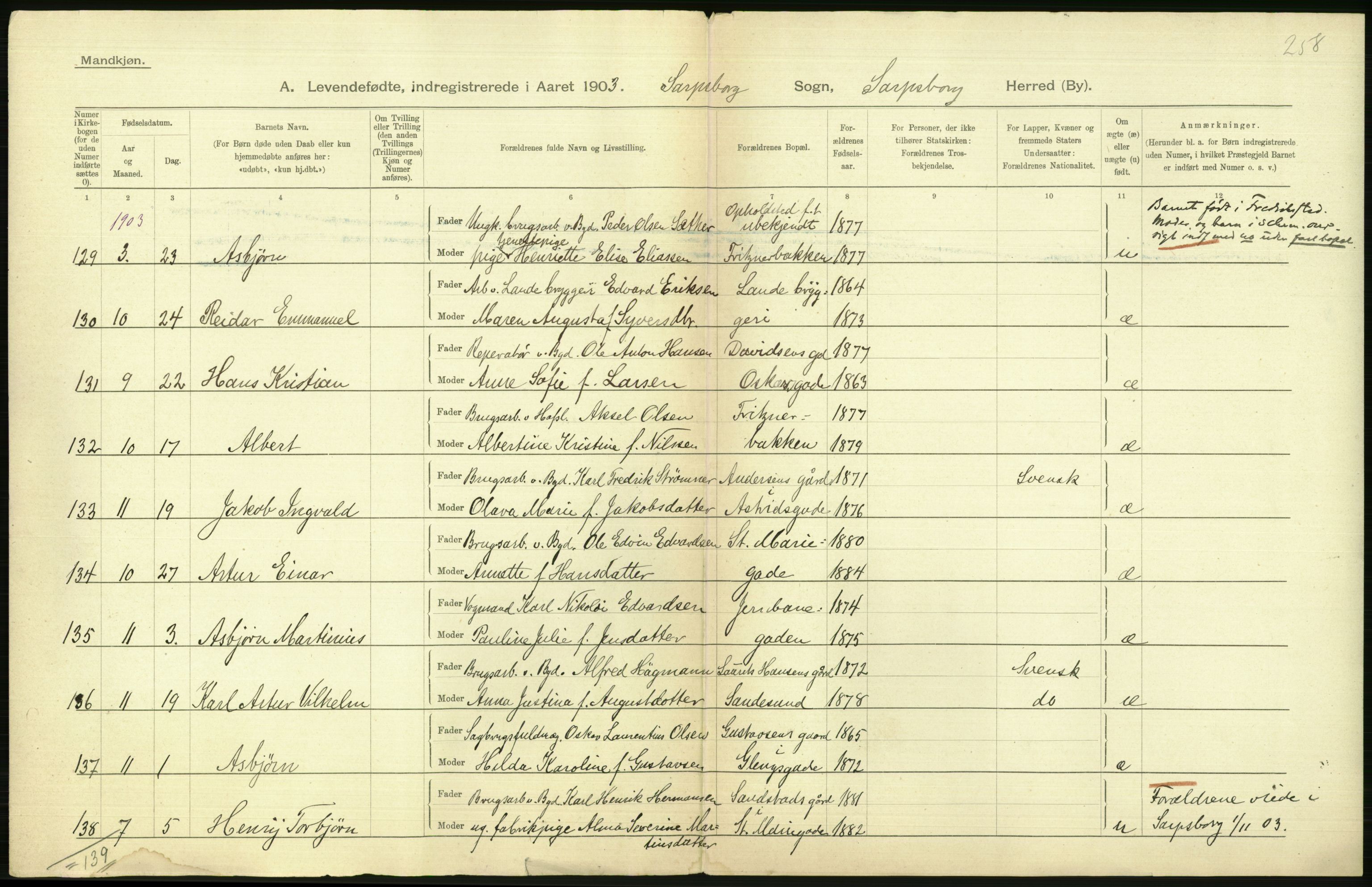 Statistisk sentralbyrå, Sosiodemografiske emner, Befolkning, AV/RA-S-2228/D/Df/Dfa/Dfaa/L0001: Smålenenes amt: Fødte, gifte, døde, 1903, p. 360