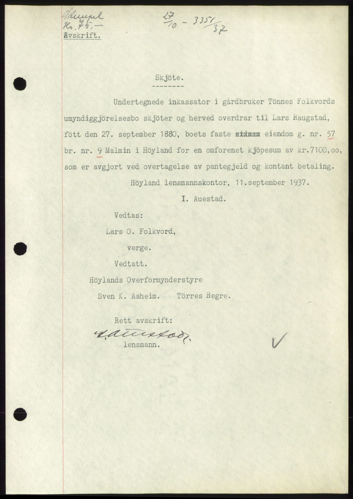 Jæren sorenskriveri, SAST/A-100310/03/G/Gba/L0069: Mortgage book, 1937-1937, Diary no: : 3351/1937