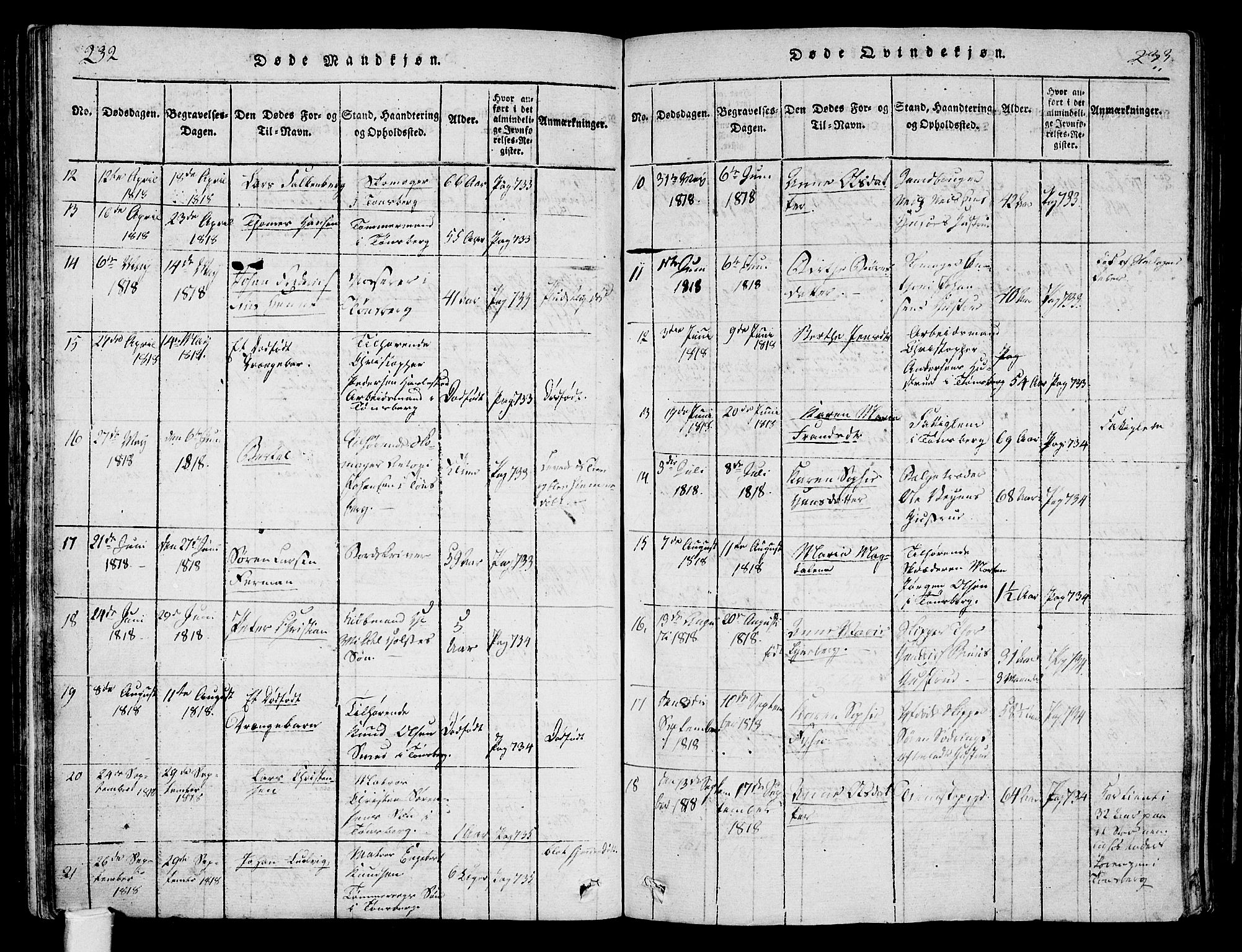 Tønsberg kirkebøker, AV/SAKO-A-330/F/Fa/L0004: Parish register (official) no. I 4, 1813-1826, p. 232-233