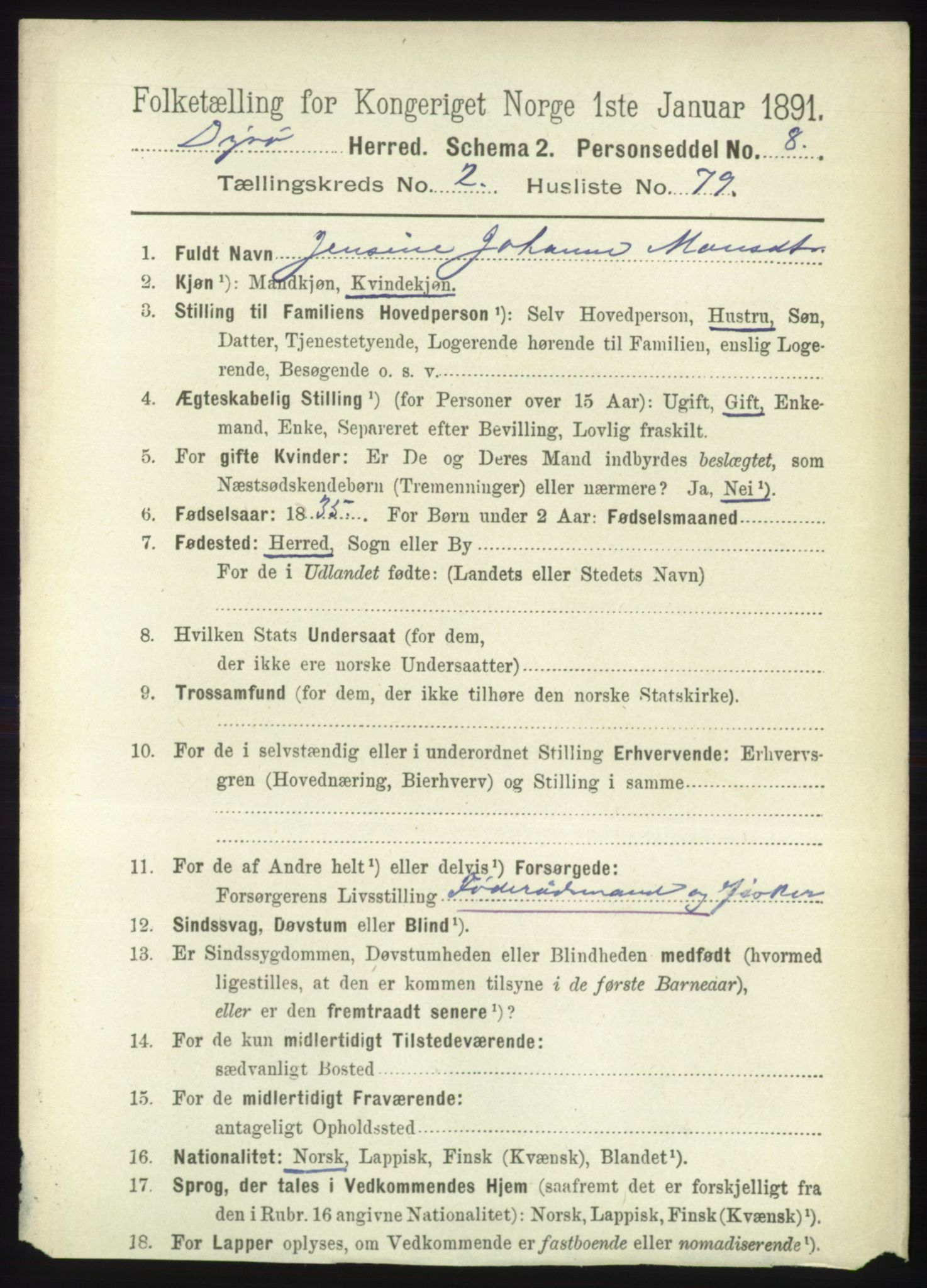 RA, 1891 census for 1926 Dyrøy, 1891, p. 1103