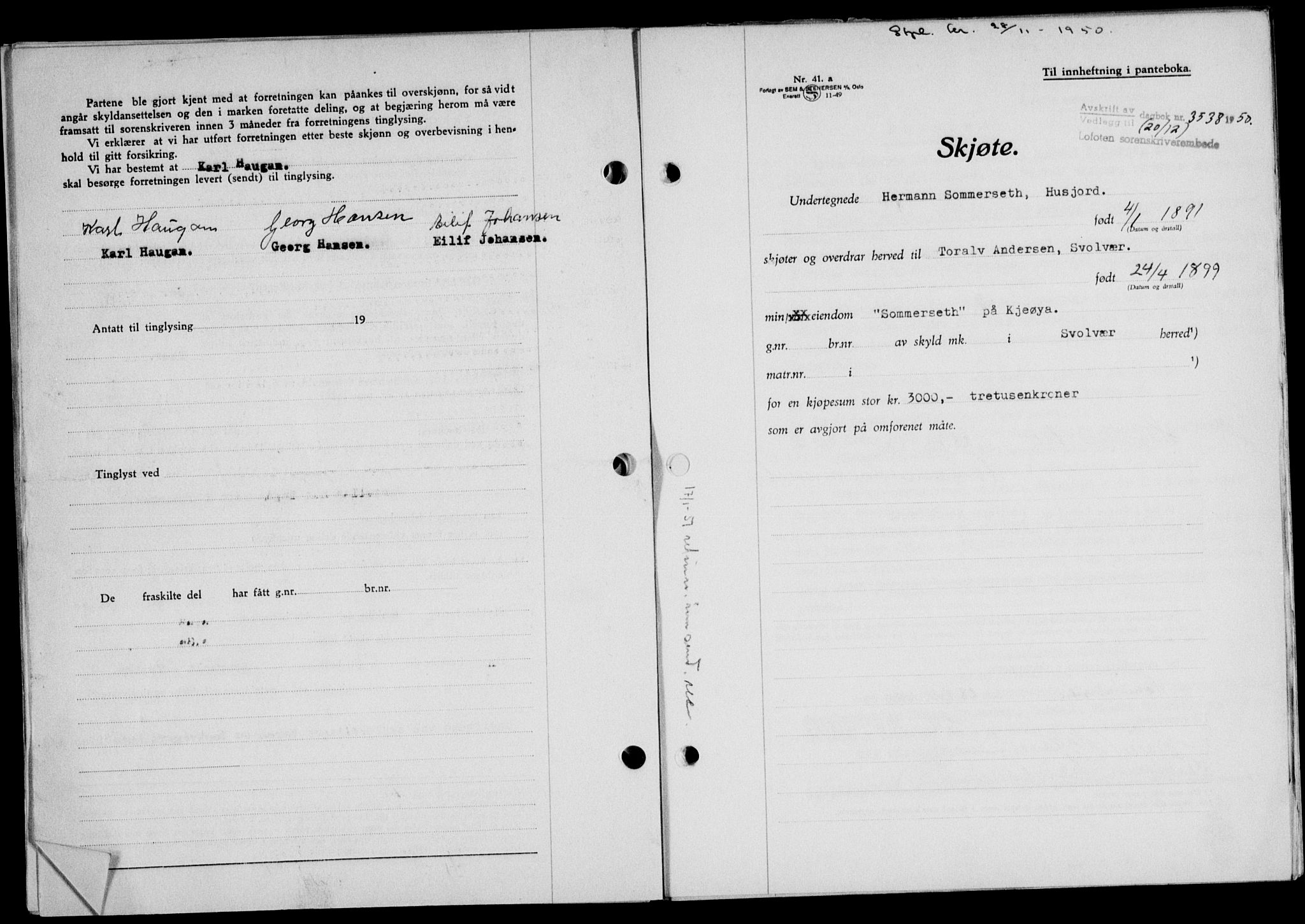 Lofoten sorenskriveri, SAT/A-0017/1/2/2C/L0025a: Mortgage book no. 25a, 1950-1951, Diary no: : 3538/1950