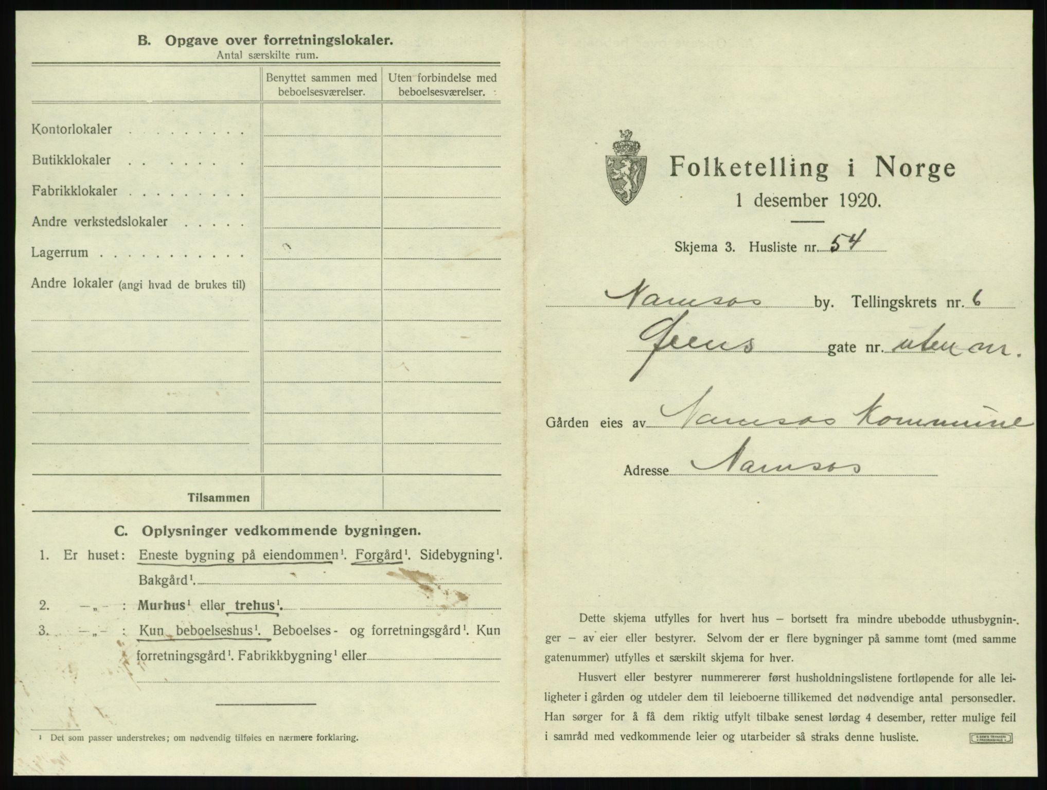 SAT, 1920 census for Namsos, 1920, p. 711