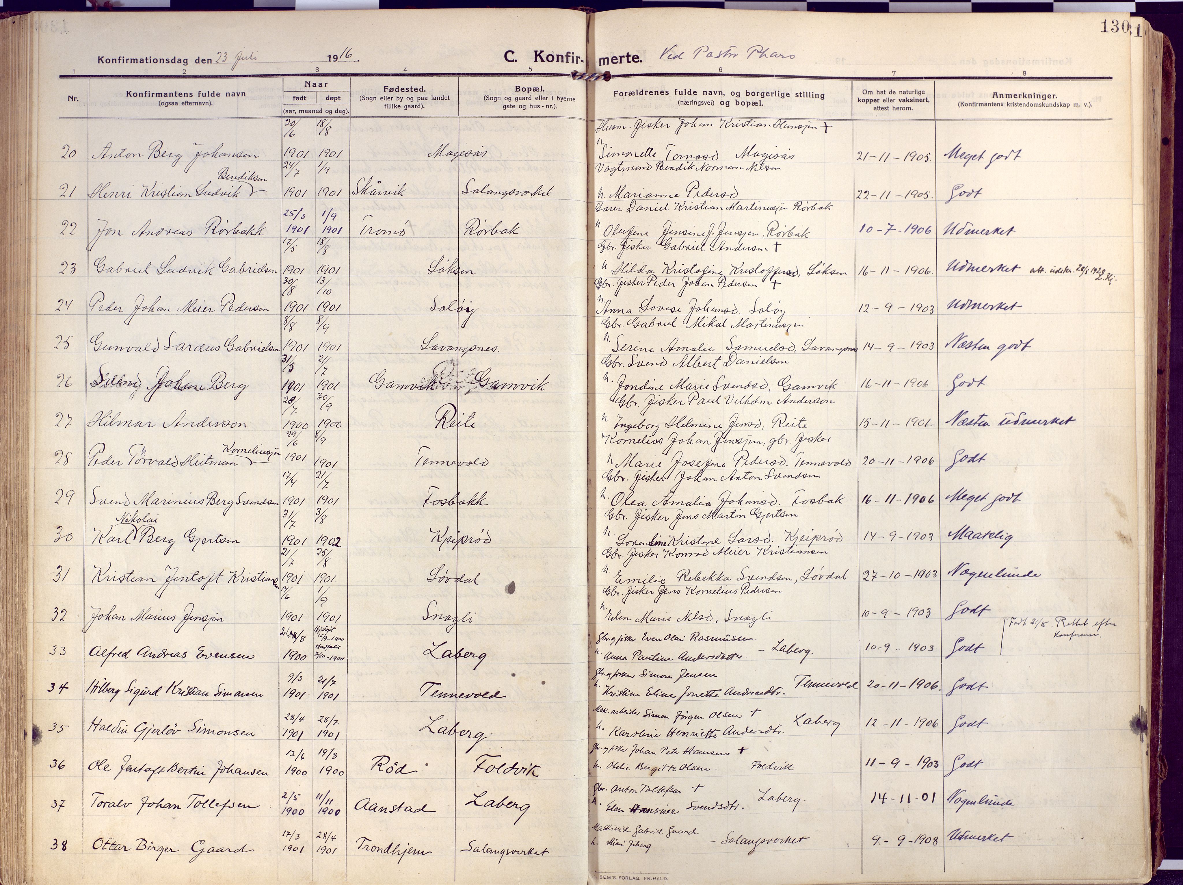 Salangen sokneprestembete, SATØ/S-1324/H/Ha/L0004kirke: Parish register (official) no. 4, 1912-1927, p. 130