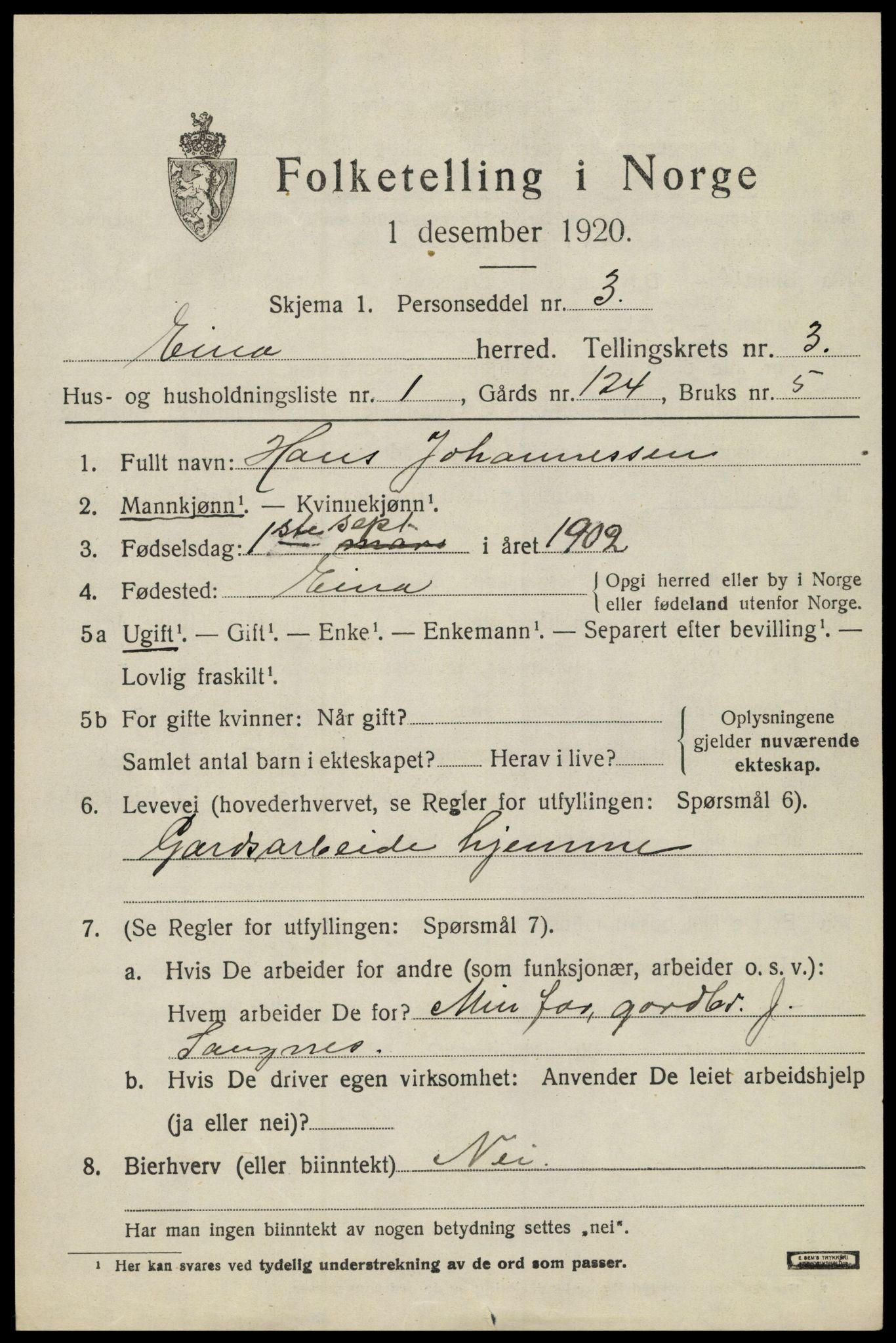 SAH, 1920 census for Eina, 1920, p. 2180