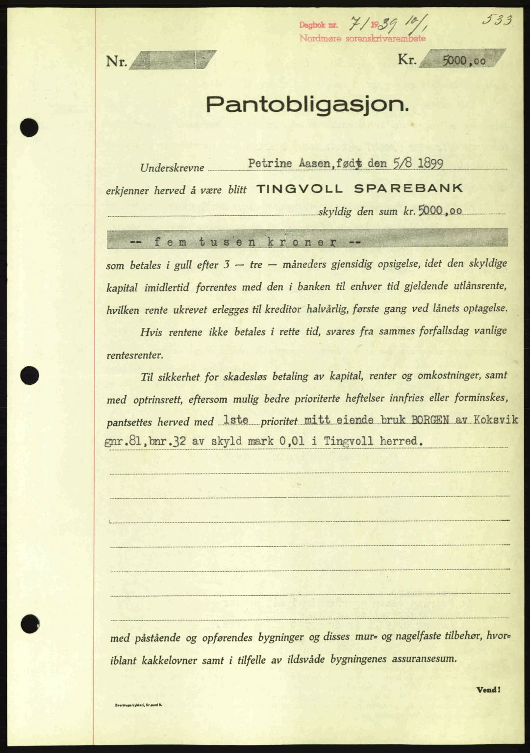 Nordmøre sorenskriveri, SAT/A-4132/1/2/2Ca: Mortgage book no. B84, 1938-1939, Diary no: : 71/1939