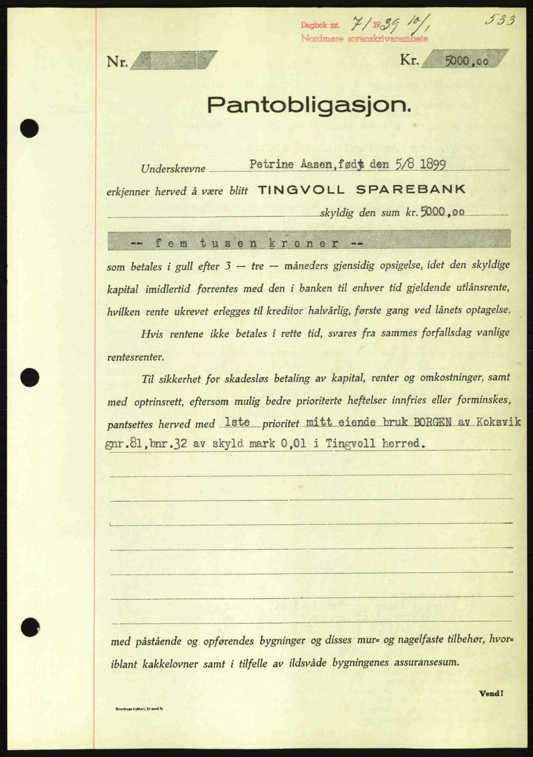 Nordmøre sorenskriveri, AV/SAT-A-4132/1/2/2Ca: Mortgage book no. B84, 1938-1939, Diary no: : 71/1939