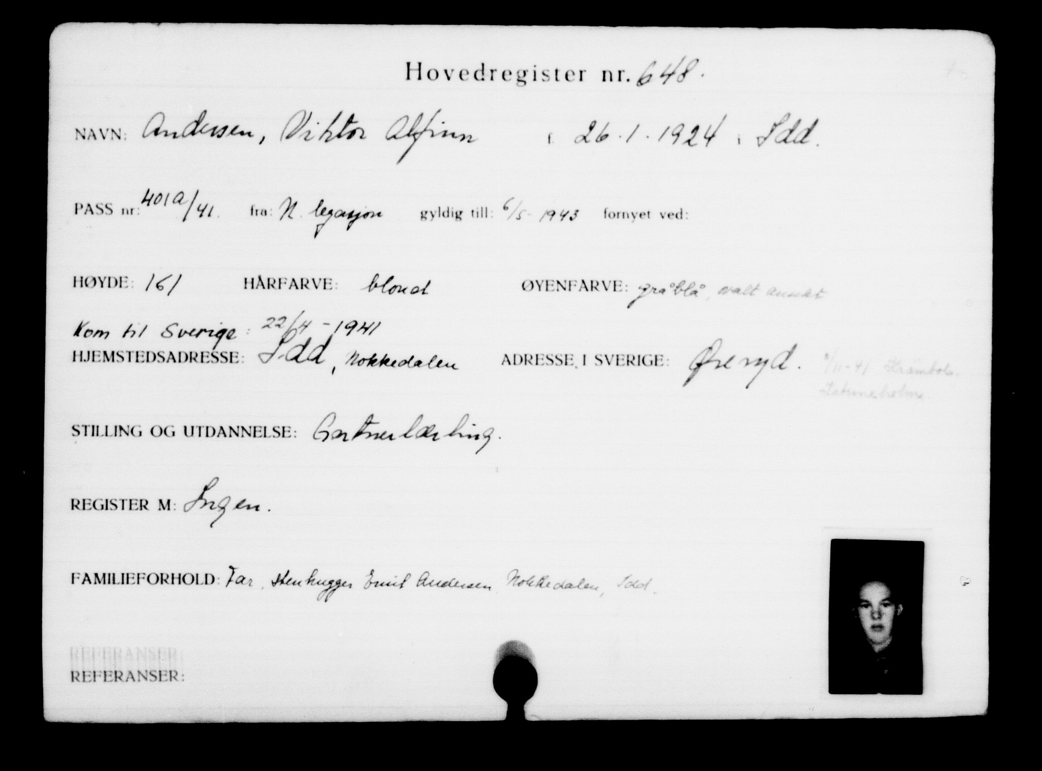 Utenriksstasjonene, Legasjonen i Stockholm, Flyktningkontoret, AV/RA-S-6753/V/Va/L0001: Kjesäterkartoteket, flyktninger med registreringsnr. 1-1000, 1940-1945, p. 1009