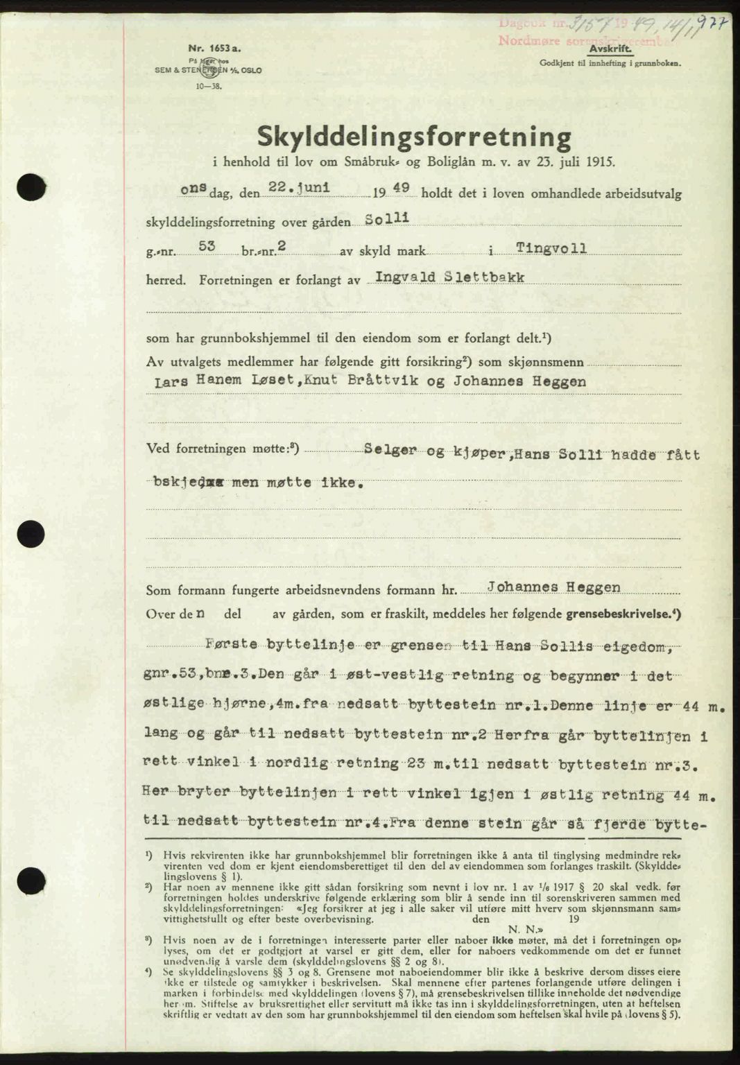 Nordmøre sorenskriveri, AV/SAT-A-4132/1/2/2Ca: Mortgage book no. A112, 1949-1949, Diary no: : 3157/1949