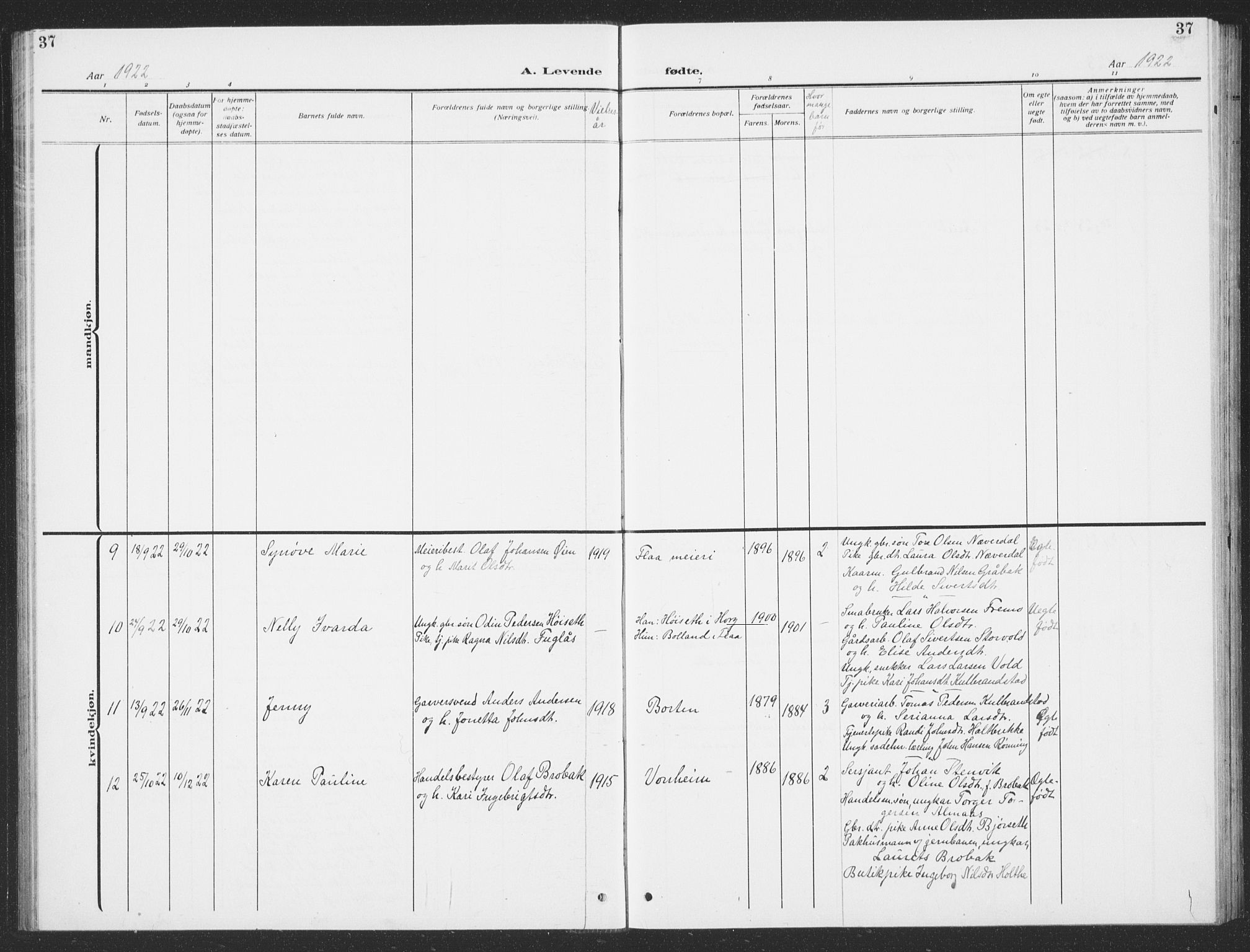 Ministerialprotokoller, klokkerbøker og fødselsregistre - Sør-Trøndelag, SAT/A-1456/693/L1124: Parish register (copy) no. 693C05, 1911-1941, p. 37