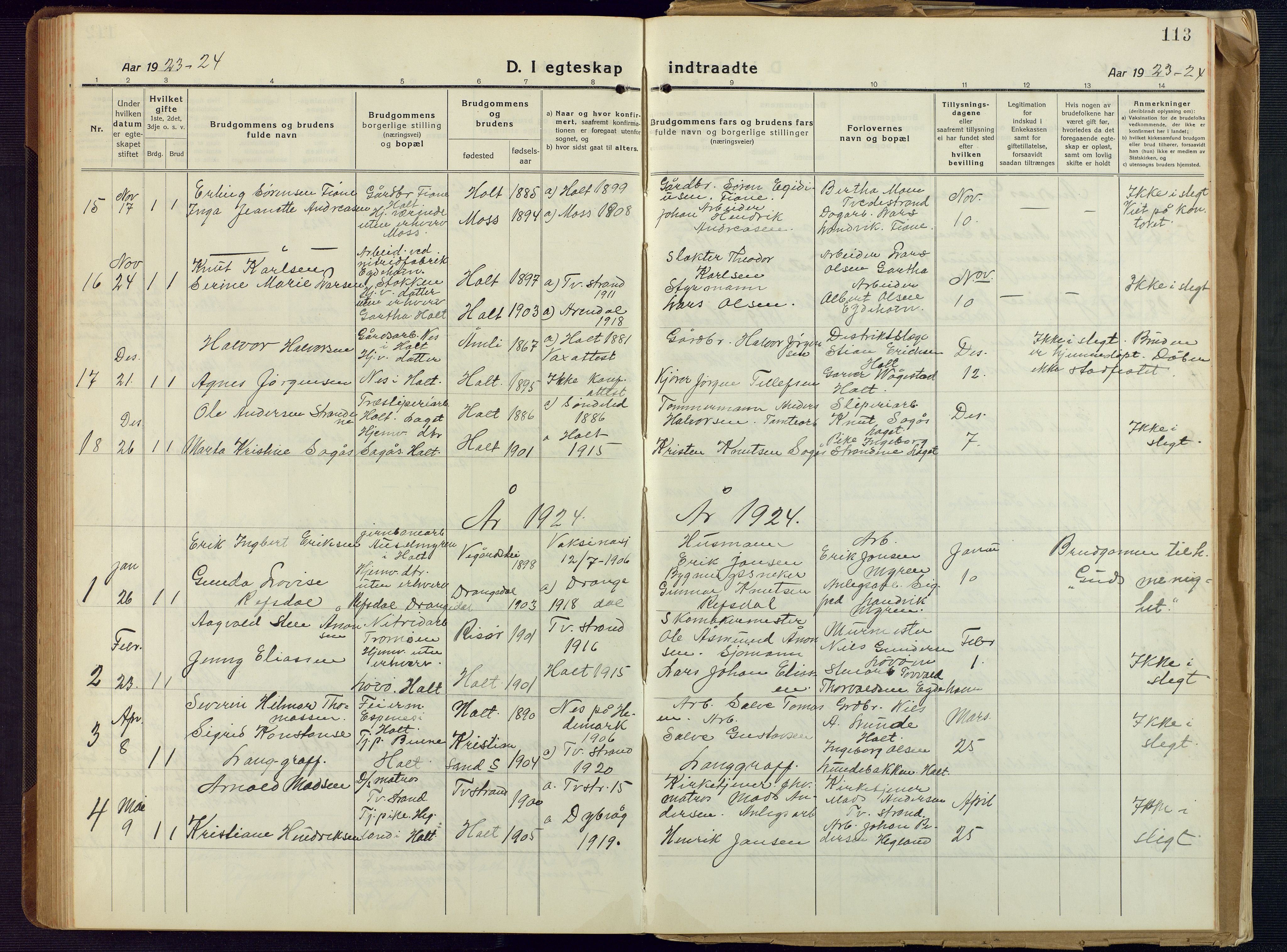 Holt sokneprestkontor, SAK/1111-0021/F/Fb/L0012: Parish register (copy) no. B 12, 1919-1944, p. 113