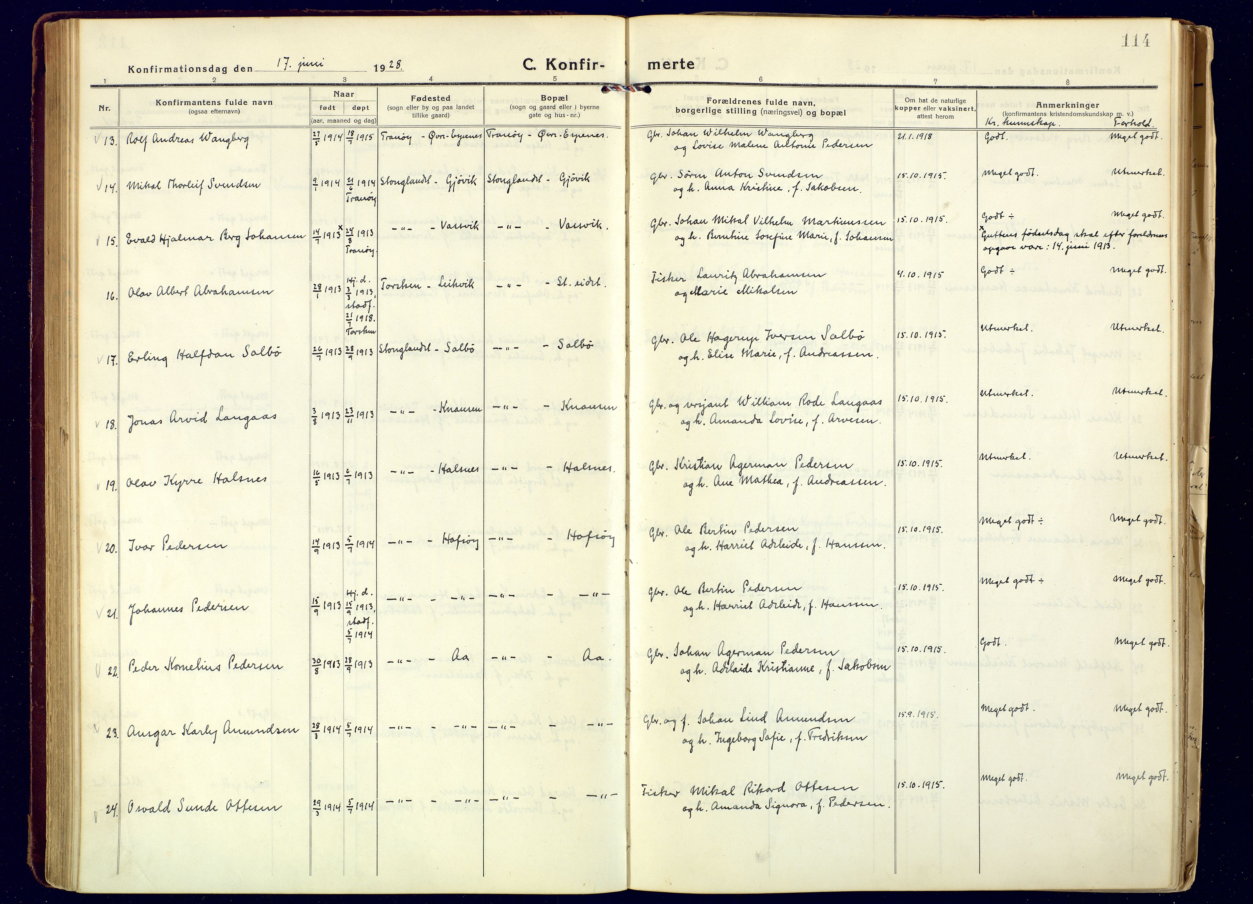 Tranøy sokneprestkontor, AV/SATØ-S-1313/I/Ia/Iaa/L0016kirke: Parish register (official) no. 16, 1919-1932, p. 114