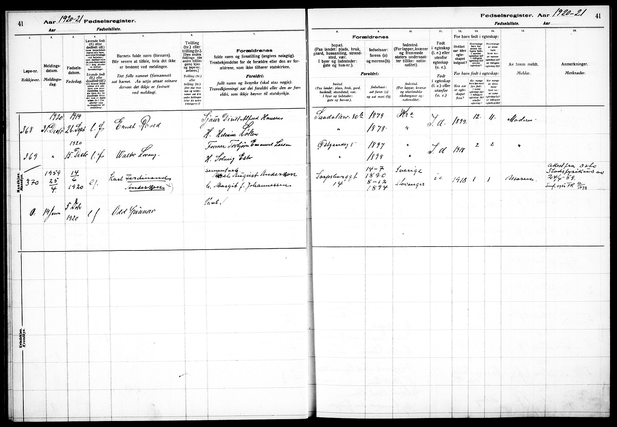 Sagene prestekontor Kirkebøker, AV/SAO-A-10796/J/L0002: Birth register no. 2, 1920-1922, p. 41