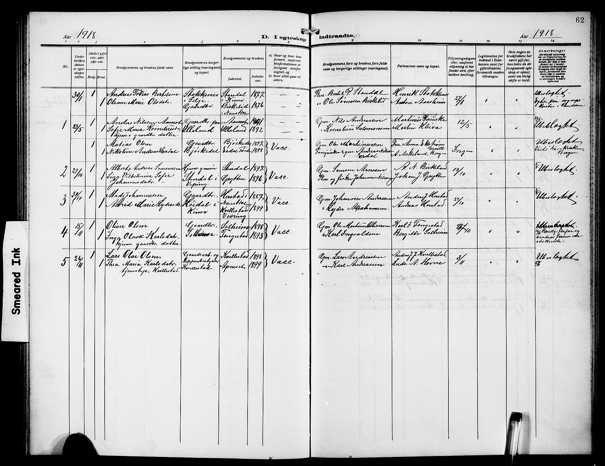 Førde sokneprestembete, SAB/A-79901/H/Hab/Habd/L0007: Parish register (copy) no. D 7, 1912-1922, p. 62