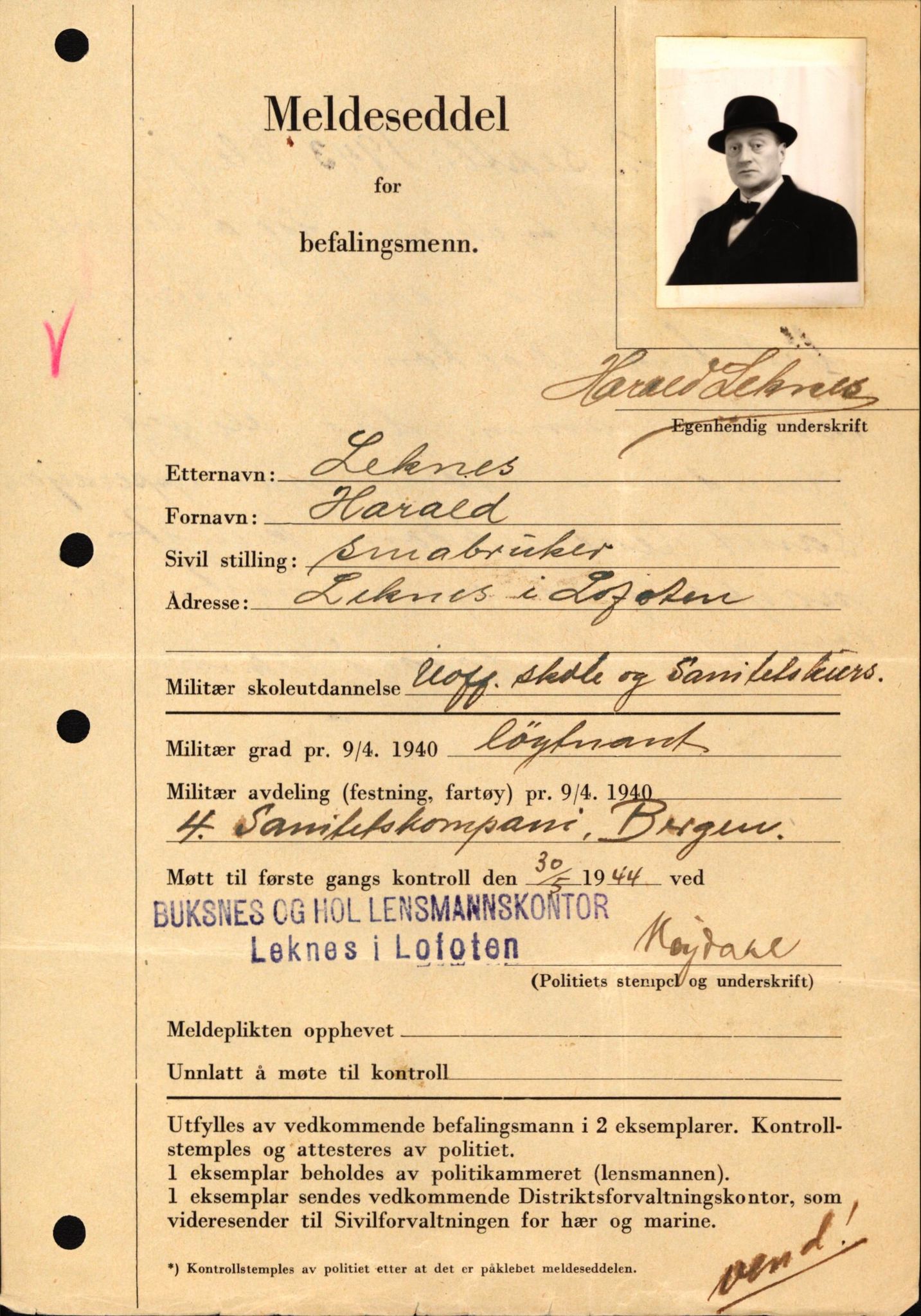 Forsvaret, Forsvarets krigshistoriske avdeling, AV/RA-RAFA-2017/Y/Yf/L0209: II-C-11-2121  -  Okkupasjonstiden.  Meldesedler for befal med foto og oppl. om militær grad 9. apr. 1940., 1944-1945, p. 57