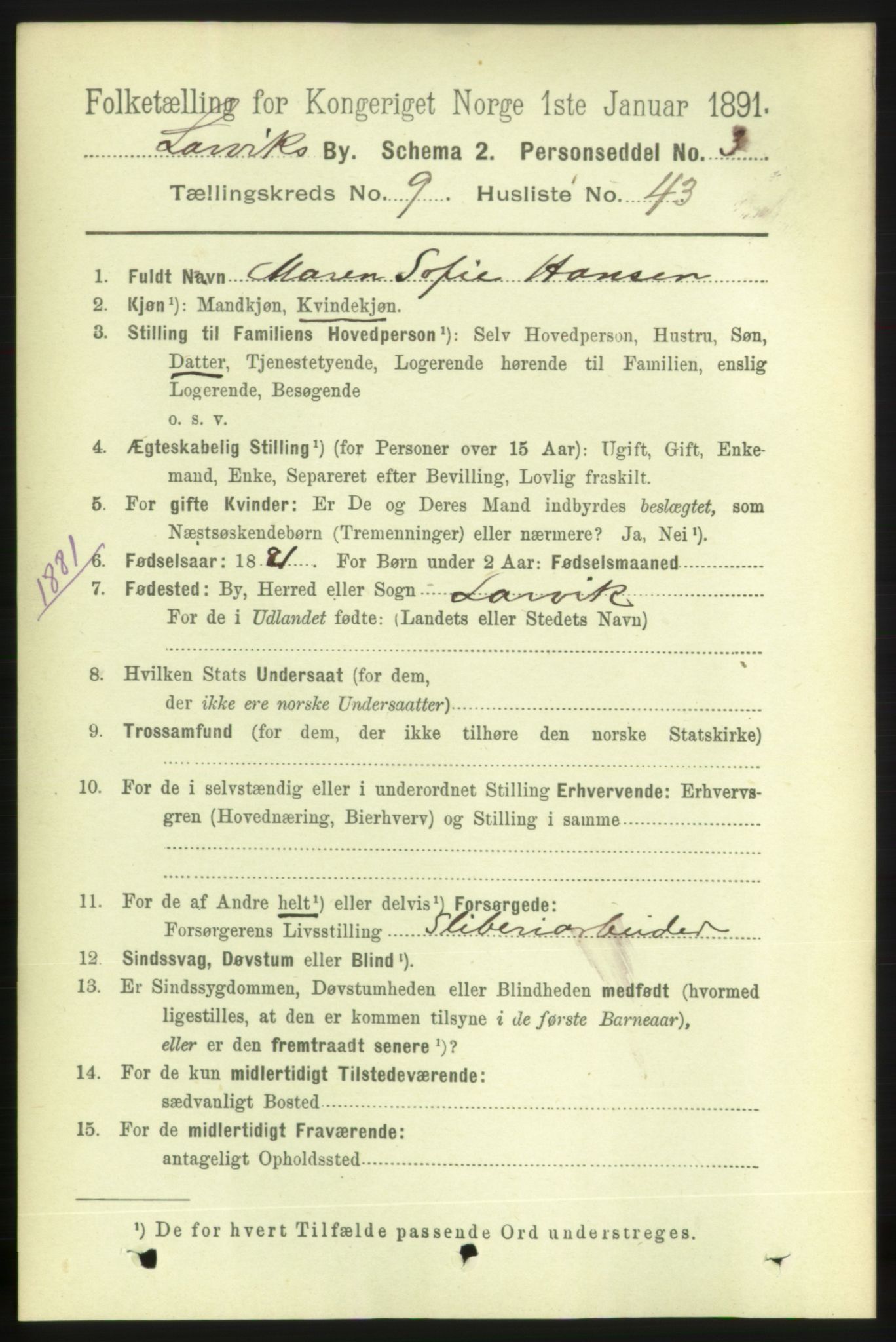 RA, 1891 census for 0707 Larvik, 1891, p. 8948