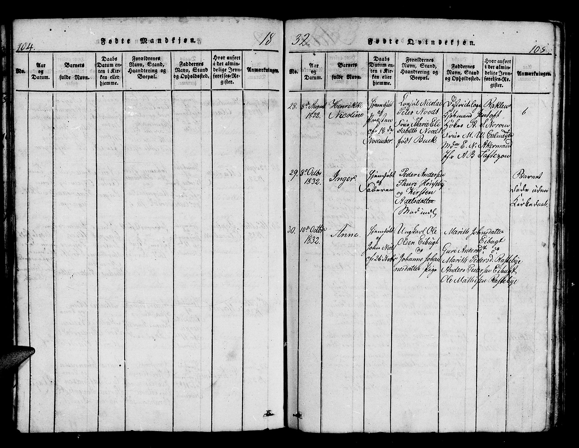 Hammerfest sokneprestkontor, AV/SATØ-S-1347/H/Hb/L0001.klokk: Parish register (copy) no. 1, 1822-1850, p. 104-105