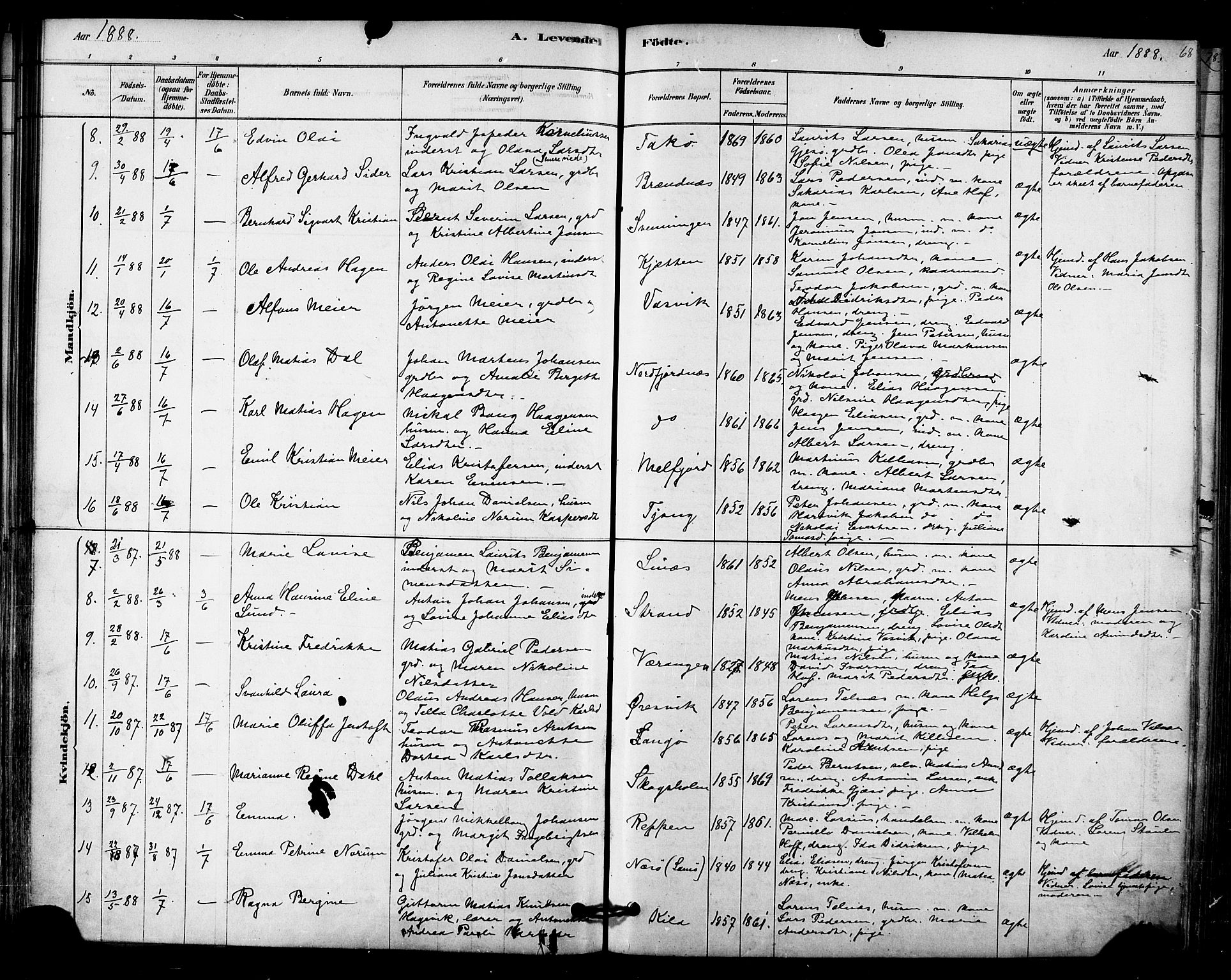 Ministerialprotokoller, klokkerbøker og fødselsregistre - Nordland, SAT/A-1459/841/L0609: Parish register (official) no. 841A12, 1878-1901, p. 68