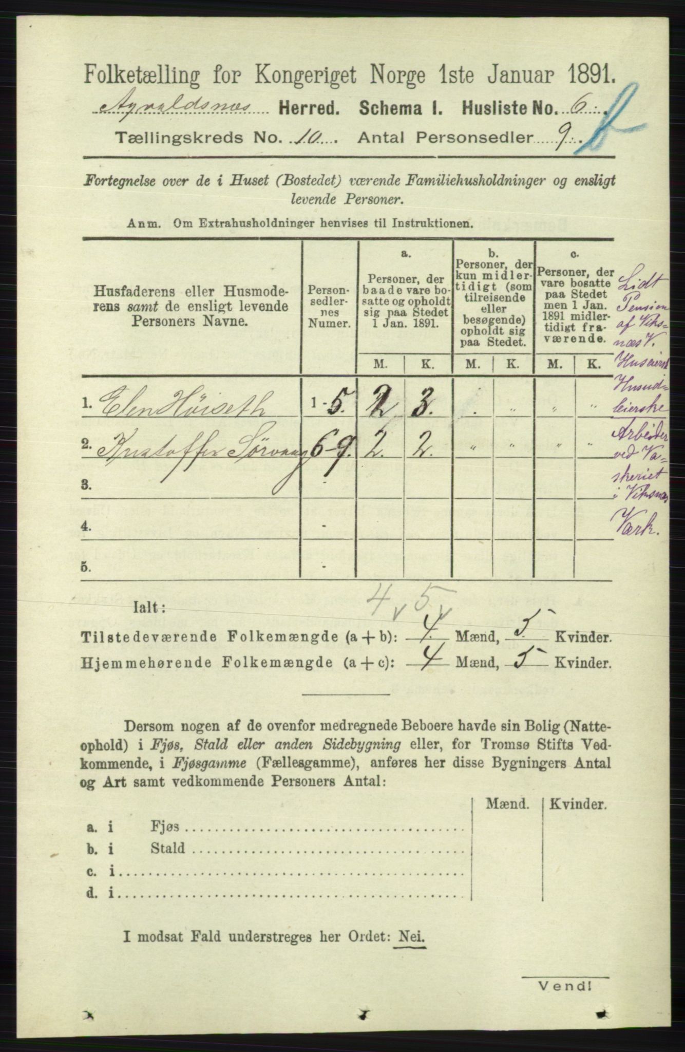 RA, 1891 census for 1147 Avaldsnes, 1891, p. 5760