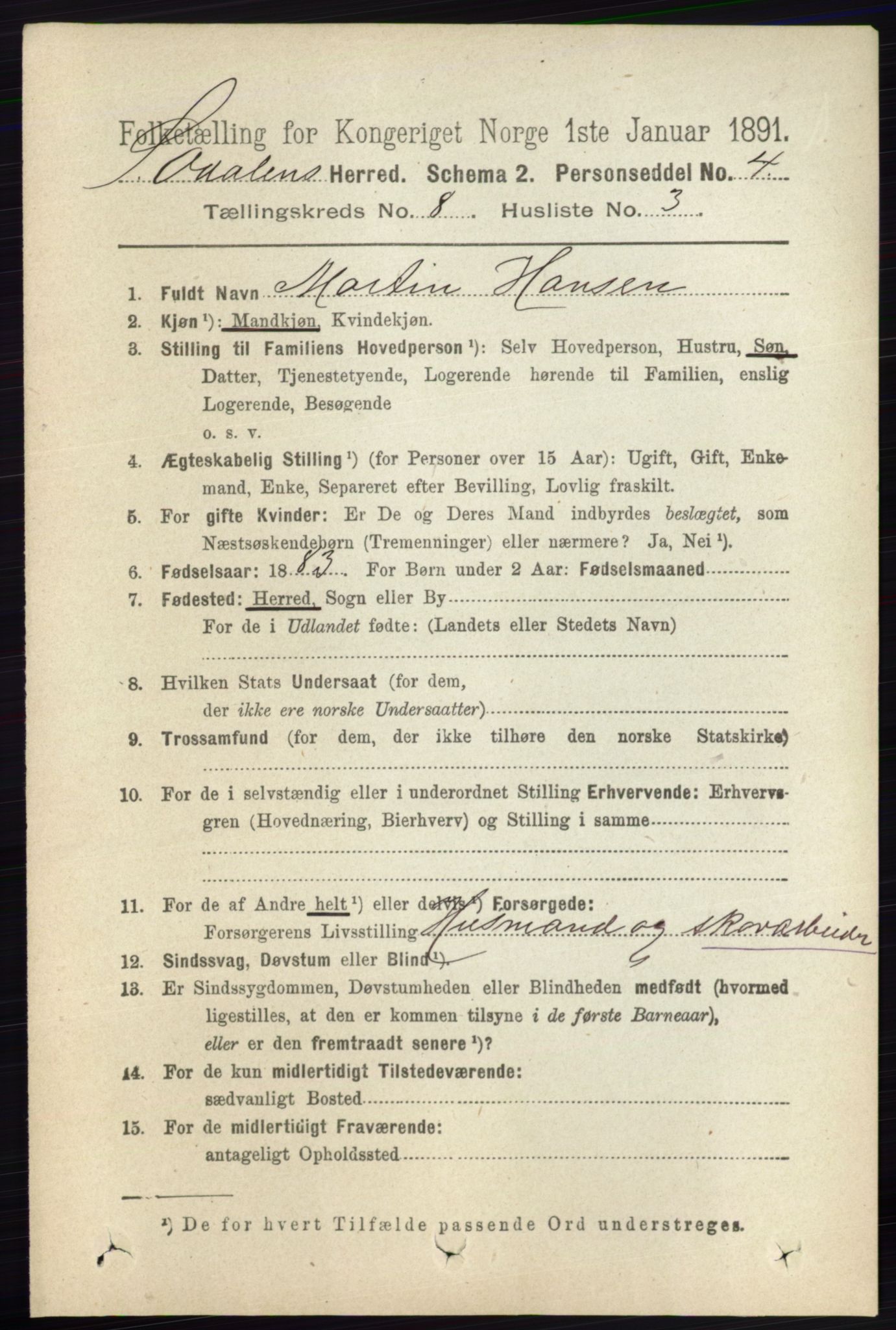 RA, 1891 census for 0419 Sør-Odal, 1891, p. 3990