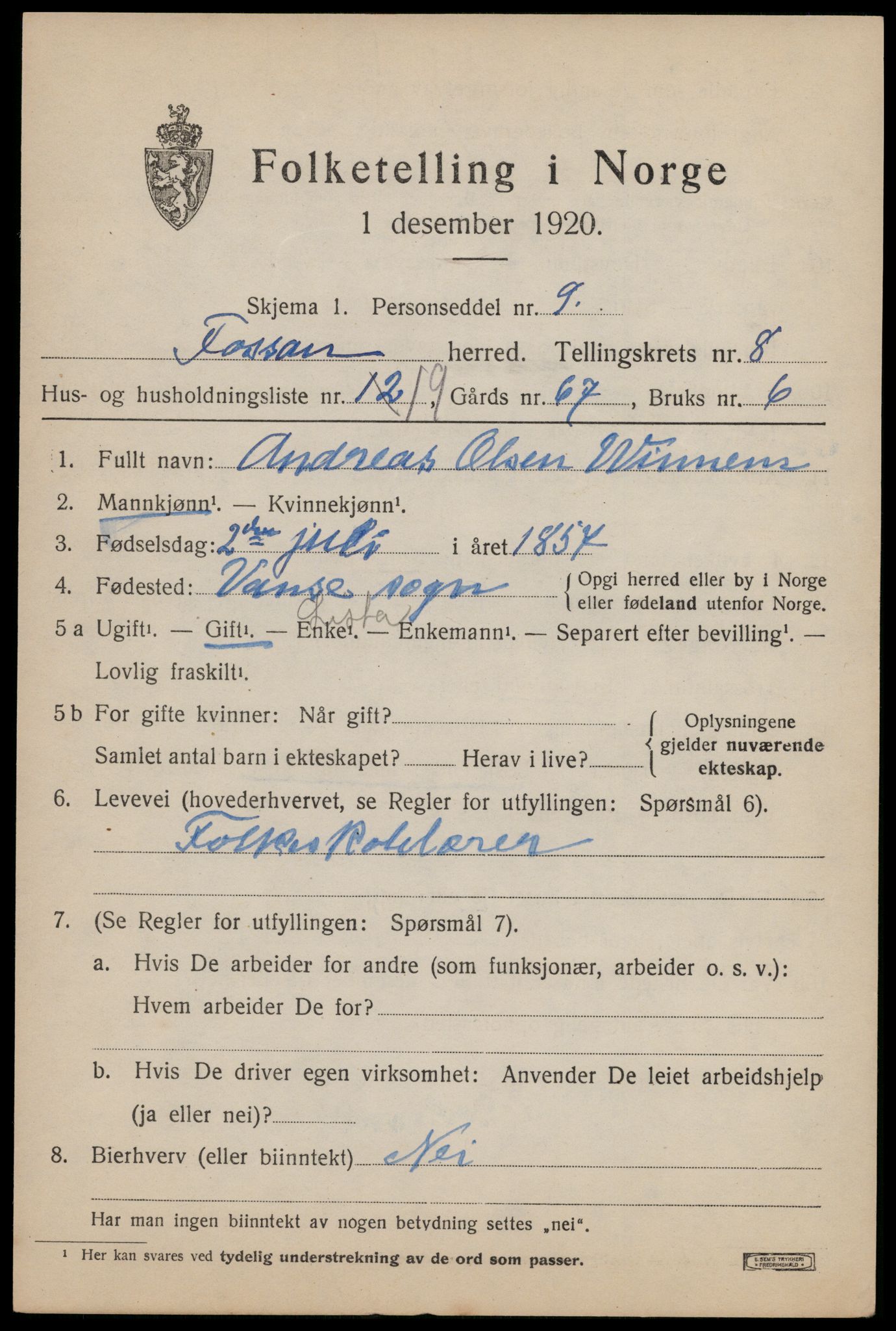 SAST, 1920 census for Forsand, 1920, p. 3973