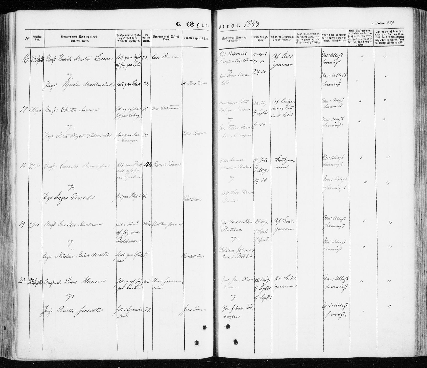 Ibestad sokneprestembete, SATØ/S-0077/H/Ha/Haa/L0008kirke: Parish register (official) no. 8, 1850-1859, p. 339