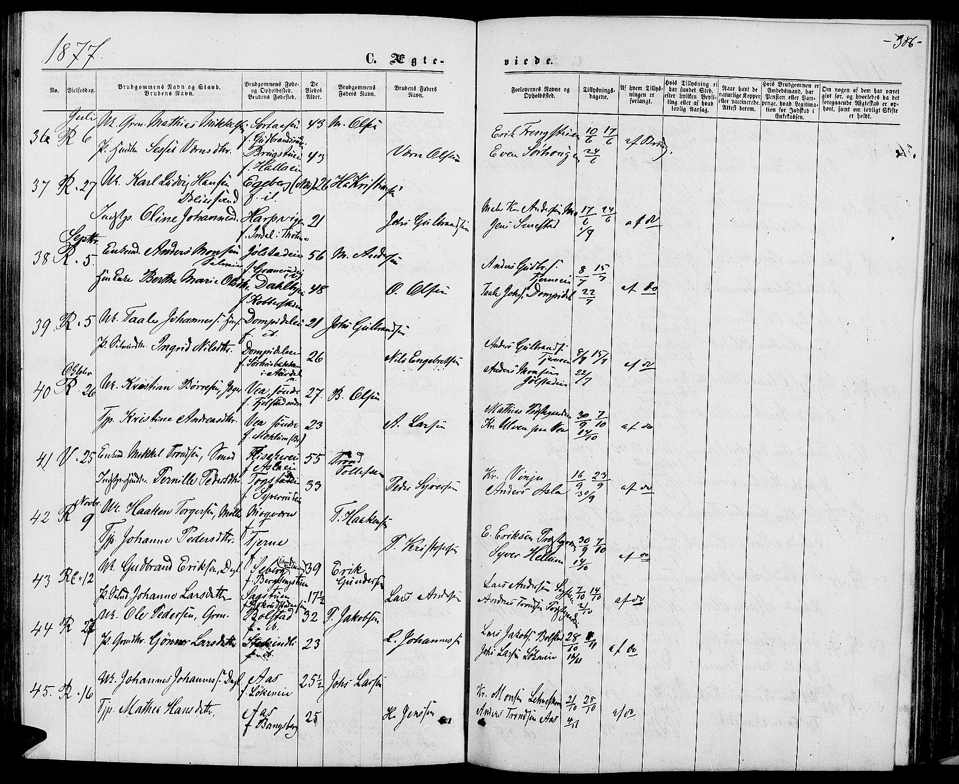 Ringsaker prestekontor, AV/SAH-PREST-014/L/La/L0008: Parish register (copy) no. 8, 1870-1878, p. 386