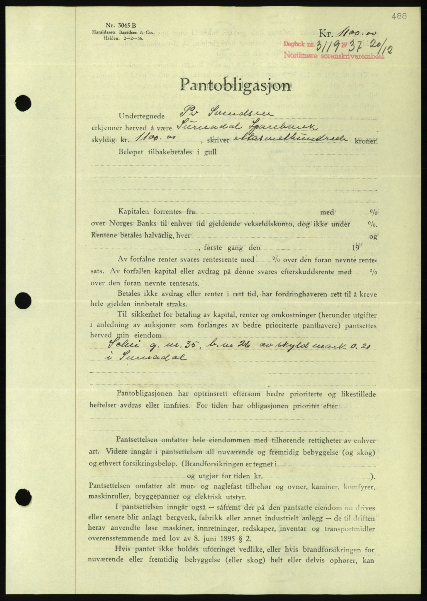 Nordmøre sorenskriveri, AV/SAT-A-4132/1/2/2Ca/L0092: Mortgage book no. B82, 1937-1938, Diary no: : 3119/1937