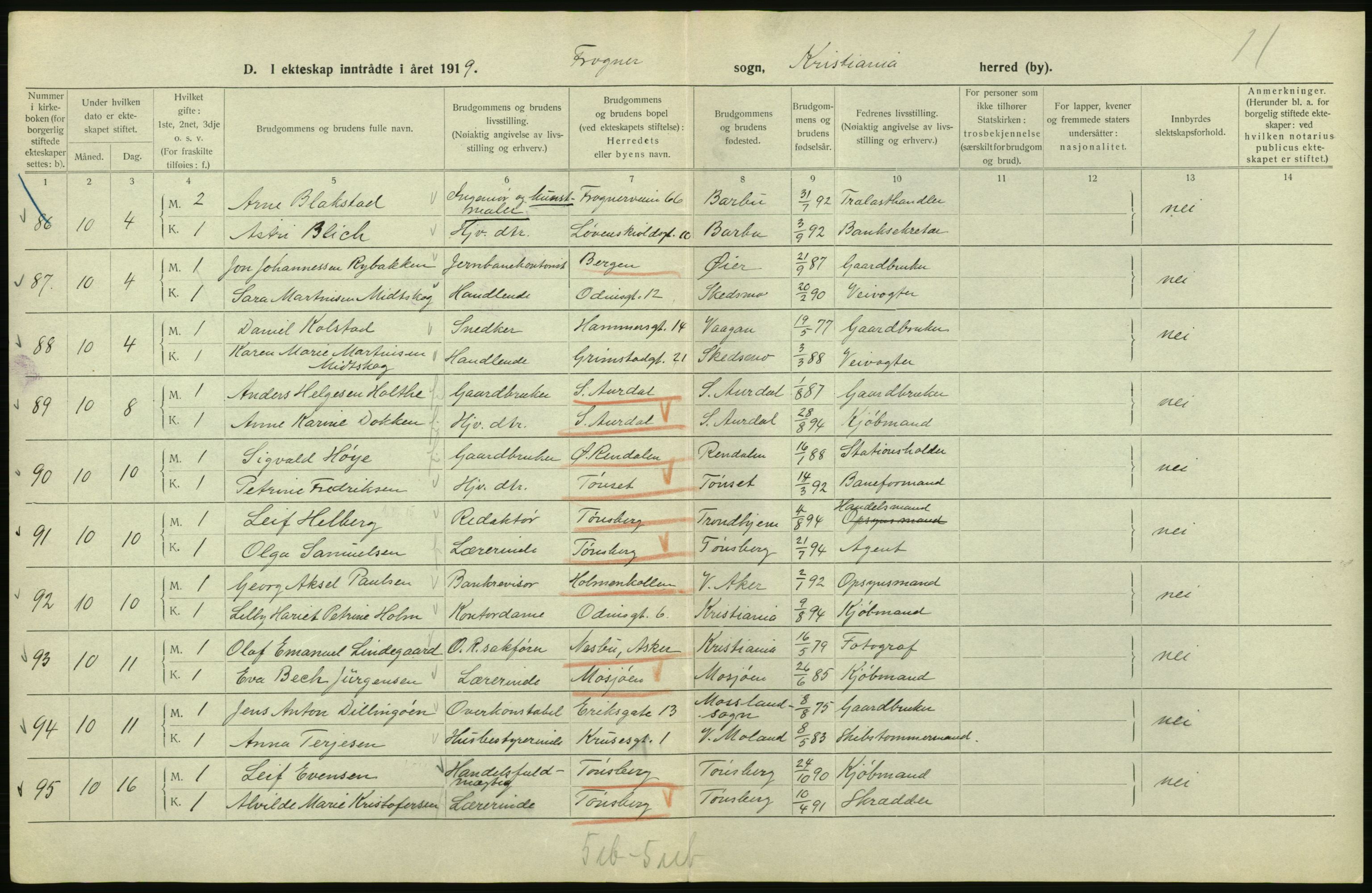 Statistisk sentralbyrå, Sosiodemografiske emner, Befolkning, RA/S-2228/D/Df/Dfb/Dfbi/L0009: Kristiania: Gifte, 1919, p. 194